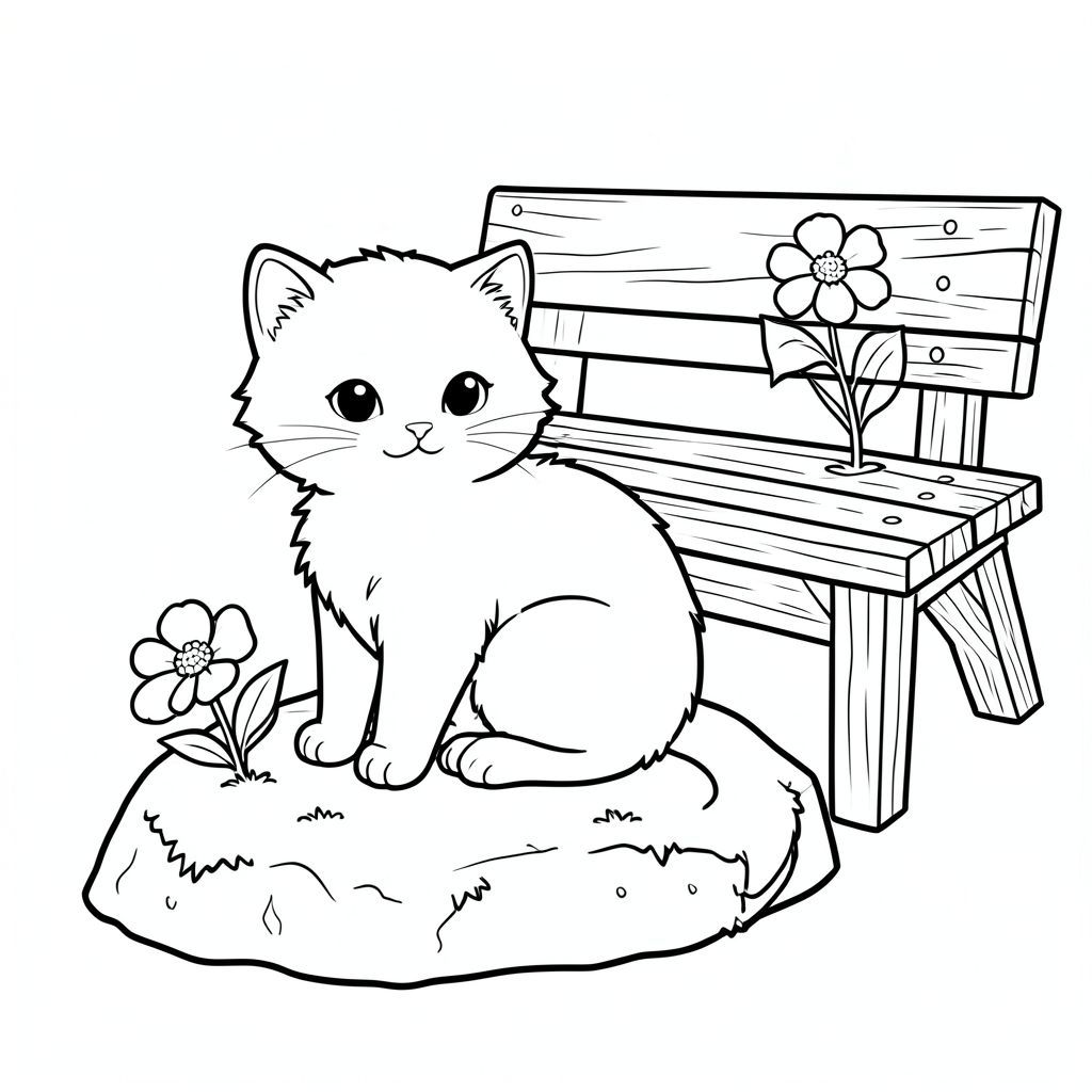 Một con mèo nhỏ, lông tơ ngồi nép mình trên một tảng đá rêu phong. Nó có một màu kem. Một bông hoa nhỏ nằm gần đó, cánh hoa hơi rủ xuống. Một chiếc ghế gỗ phong hóa với một bông hoa trắng tinh tế duy nhất trên đó được đặt hơi phía sau con mèo. Đuôi mèo có màu trắng xoáy, hơi kéo dài từ lưng. Nền là một trang tô màu đơn giản, ., đen trắng, phong cách lowbook, nghệ thuật đường nét, đơn sắc, không màu, không bóng, không xám, không tô màu, nền trắng, chỉ phác thảo, phong cách vector, thiết kế phẳng, 2d, chính xác một đuôi duy nhất, hoàn toàn không tô màu đen, nội thất trắng tinh khiết, không có miếng mực, không văn bản, không từ, không tiêu đề, hoàn toàn không màu, chỉ có lineart đen trắng tinh khiết