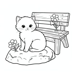 Một con mèo nhỏ, lông tơ ngồi nép mình trên một tảng đá rêu phong. Nó có một màu kem. Một bông hoa nhỏ nằm gần đó, cánh hoa hơi rủ xuống. Một chiếc ghế gỗ phong hóa với một bông hoa trắng tinh tế duy nhất trên đó được đặt hơi phía sau con mèo. Đuôi mèo có màu trắng xoáy, hơi kéo dài từ lưng. Nền là một trang tô màu đơn giản, ., đen trắng, phong cách lowbook, nghệ thuật đường nét, đơn sắc, không màu, không bóng, không xám, không tô màu, nền trắng, chỉ phác thảo, phong cách vector, thiết kế phẳng, 2d, chính xác một đuôi duy nhất, hoàn toàn không tô màu đen, nội thất trắng tinh khiết, không có miếng mực, không văn bản, không từ, không tiêu đề, hoàn toàn không màu, chỉ có lineart đen trắng tinh khiết