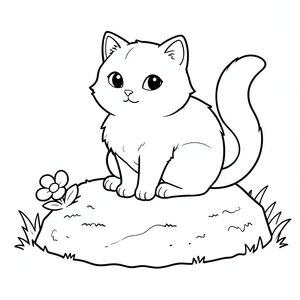 Một con mèo nhỏ, lông tơ ngồi thoải mái trên một tảng đá rêu phong. Mèo có khuôn mặt tròn trịa, đôi mắt to, dịu dàng và đầu hơi nghiêng. Bộ lông của nó là một màu, với những biến thể tinh tế về tông màu. Một cái đuôi dài màu trắng duy nhất kéo dài từ lưng, uốn cong duyên dáng. Đá là một , đất, có kết cấu với các đường gờ nhỏ. Một bông hoa nhỏ nằm gần đó, cánh hoa hơi mờ. Nền là một , có kết cấu, gợi ý một sườn dốc mềm, đầy cỏ. Hình dạng của con mèo được xác định hoàn hảo bởi các đường nét, nhấn mạnh sự tròn trịa và mềm mại của nó., tranh tô màu đen trắng, phong cách lowbook, nghệ thuật đường nét, đơn sắc, không màu, không bóng, không xám, không tô màu, nền trắng, chỉ phác thảo, phong cách vector, thiết kế phẳng, 2d, chính xác một cái đuôi duy nhất, hoàn toàn không tô màu đen, nội thất trắng tinh khiết, không có miếng mực, không có văn bản,  Không từ, không tiêu đề, hoàn toàn không màu, chỉ có lineart đen trắng thuần túy