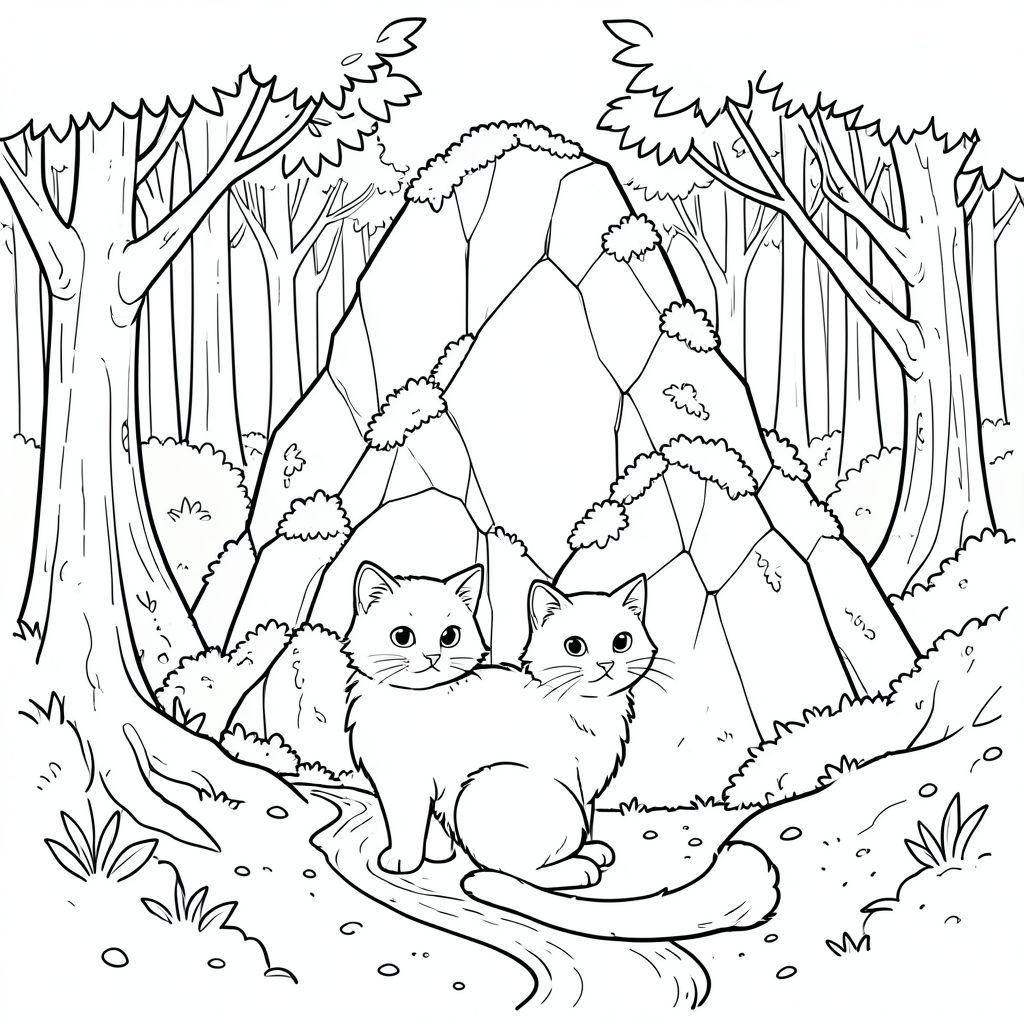 Một khối đá khổng lồ, phủ đầy rêu thống trị trung tâm. Các cạnh lởm chởm của đá granit nhô lên đáng kể, xen kẽ với các cụm rêu. Đá có kết cấu tinh tế, xuất hiện nhiều lớp và mòn. Một dòng nước nhỏ giọt xuống dưới, tạo thành một kênh nông, uốn lượn. Nước có màu trắng đục.

Bên dưới tảng đá, một khu rừng rậm rạp trải dài ra xa. Cây cao và mảnh mai, thân dày, gồ ghề. Các cành được đan xen vào nhau, tạo ra một tán cây chặn phần lớn . Các lá là một , , với các biến thể về bóng râm. Một số lá hơi nâu, cho thấy tuổi tác.

Con mèo được đặt ở tiền cảnh, bị che khuất một phần bởi cây cối. Bộ lông của nó có màu trắng kem đậm, với một chút tinh tế trên bụng. Đôi mắt của nó to và , truyền tải một bầu không khí tò mò thầm lặng. Khuôn mặt của chú mèo có góc cạnh mềm mại, nhấn mạnh biểu cảm dịu dàng của nó.

Đuôi là một chùm màu trắng đơn, dài, thanh lịch, kéo dài gần đến đáy của . Nó uốn cong duyên dáng, với những thay đổi tinh tế về độ dày và màu sắc. Đuôi có kết cấu tinh tế, gợi lên bề mặt mềm mại, mượt như nhung. Nền là một lớp màu xanh lá cây và nâu trầm lặng, tạo ra chiều sâu và bầu không khí. Kết cấu có chủ ý, với các chấm nhỏ, không đều và xoáy gợi ý đất và rác lá., tranh tô màu đen trắng, phong cách lowbook, nghệ thuật đường nét, đơn sắc, không màu, không bóng, không xám, không tô màu, nền trắng, chỉ phác thảo, phong cách vector, thiết kế phẳng, 2d, chính xác một đuôi duy nhất, hoàn toàn không tô màu đen, nội thất trắng tinh khiết, không có miếng mực, không có văn bản,  Không từ, không tiêu đề, hoàn toàn không màu, chỉ có lineart đen trắng thuần túy