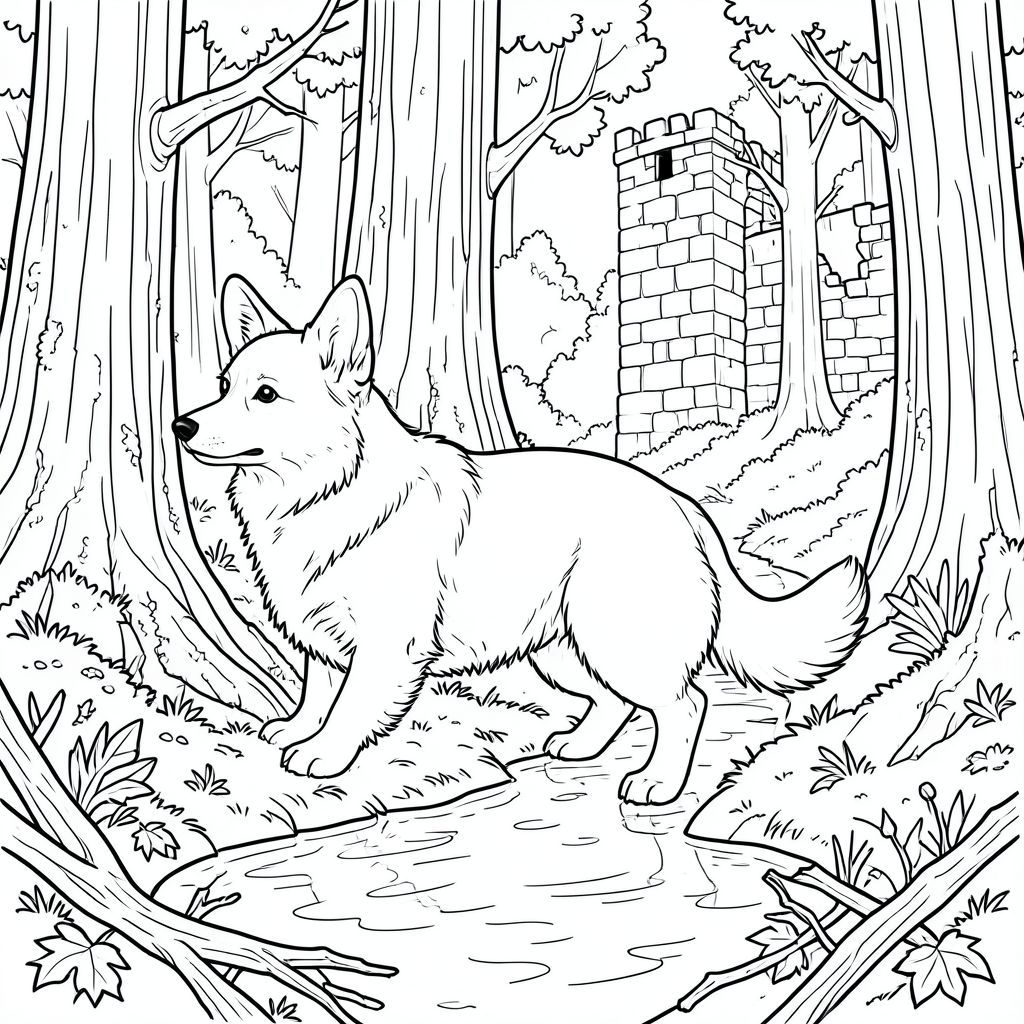 được đặt ở giữa sải bước, một giống chó lớn, lông tơ - có thể là chó Corgi xứ Wales - với lưng hơi gù. Bộ lông của nó rất phong phú, thể hiện các biến thể tinh tế về tông màu gợi ý tuổi tác và kết cấu. Đầu của chó hơi thuôn dài, với mõm nổi bật, biểu cảm. Đôi mắt to và , cho thấy một trí thông minh nhẹ nhàng.

Bối cảnh là một khu rừng cổ thụ rộng lớn - một tấm thảm dày đặc của màu xanh lá cây, đất son và nâu trầm lặng. Những thân cây gỗ đỏ cao chót vót, phong hóa nhô ra từ phía trước, bề mặt của chúng được bao phủ bởi rêu và địa y. Bị che khuất một phần bởi những tán lá là tàn tích của một cấu trúc bằng đá đổ nát - một phần của những gì có thể là một tòa tháp cũ, kiên cố, đá của nó đã bị phong hóa. Một dòng suối uốn lượn cắt ngang khung cảnh, nước của nó một, màu trắng đục. Hình ảnh phản chiếu của bầu trời hiện diện một cách tinh tế, được thể hiện như những đường nét mờ nhạt.

Chân của dài và mạnh mẽ, kết thúc bằng bàn chân rộng. Đuôi của nó là một chùm lông tơ dài, mịn có màu trắng tinh khiết, kéo dài xuống mặt đất. Nó được đặt ngay phía trên đáy của dòng suối, hơi góc cạnh, tạo ra một đường thẳng, năng động. Hình dạng của đuôi thuôn dài một cách tinh tế và có một đường cong nhẹ, cho thấy một chuyển động vui tươi.

Kết cấu của vỏ cây thô ráp và có rãnh sâu, được thể hiện thành một loạt các đường ngắn, song song. Những mảng nhỏ của lá chết và cành rụng nằm rải rác khắp bụi rậm, tạo thêm cảm giác già nua và thối rữa. Những gợn sóng nhỏ được gợi ý trên bề mặt nước, tạo ra hiệu ứng mờ ảo, ấn tượng. Ấn tượng tổng thể là một trong những nơi đắm chìm trong lịch sử và vẻ đẹp tự nhiên., tranh tô màu đen trắng, phong cách lowbook, nghệ thuật đường nét, đơn sắc, không màu, không bóng, không xám, không tô màu, nền trắng, chỉ phác thảo, phong cách vector, thiết kế phẳng, 2d, chính xác một đuôi duy nhất, hoàn toàn không tô màu đen, nội thất trắng tinh khiết, không có miếng mực, không có văn bản,  Không từ, không tiêu đề, hoàn toàn không màu, chỉ có lineart đen trắng thuần túy