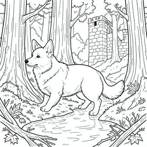 được đặt ở giữa sải bước, một giống chó lớn, lông tơ - có thể là chó Corgi xứ Wales - với lưng hơi gù. Bộ lông của nó rất phong phú, thể hiện các biến thể tinh tế về tông màu gợi ý tuổi tác và kết cấu. Đầu của chó hơi thuôn dài, với mõm nổi bật, biểu cảm. Đôi mắt to và , cho thấy một trí thông minh nhẹ nhàng.

Bối cảnh là một khu rừng cổ thụ rộng lớn - một tấm thảm dày đặc của màu xanh lá cây, đất son và nâu trầm lặng. Những thân cây gỗ đỏ cao chót vót, phong hóa nhô ra từ phía trước, bề mặt của chúng được bao phủ bởi rêu và địa y. Bị che khuất một phần bởi những tán lá là tàn tích của một cấu trúc bằng đá đổ nát - một phần của những gì có thể là một tòa tháp cũ, kiên cố, đá của nó đã bị phong hóa. Một dòng suối uốn lượn cắt ngang khung cảnh, nước của nó một, màu trắng đục. Hình ảnh phản chiếu của bầu trời hiện diện một cách tinh tế, được thể hiện như những đường nét mờ nhạt.

Chân của dài và mạnh mẽ, kết thúc bằng bàn chân rộng. Đuôi của nó là một chùm lông tơ dài, mịn có màu trắng tinh khiết, kéo dài xuống mặt đất. Nó được đặt ngay phía trên đáy của dòng suối, hơi góc cạnh, tạo ra một đường thẳng, năng động. Hình dạng của đuôi thuôn dài một cách tinh tế và có một đường cong nhẹ, cho thấy một chuyển động vui tươi.

Kết cấu của vỏ cây thô ráp và có rãnh sâu, được thể hiện thành một loạt các đường ngắn, song song. Những mảng nhỏ của lá chết và cành rụng nằm rải rác khắp bụi rậm, tạo thêm cảm giác già nua và thối rữa. Những gợn sóng nhỏ được gợi ý trên bề mặt nước, tạo ra hiệu ứng mờ ảo, ấn tượng. Ấn tượng tổng thể là một trong những nơi đắm chìm trong lịch sử và vẻ đẹp tự nhiên., tranh tô màu đen trắng, phong cách lowbook, nghệ thuật đường nét, đơn sắc, không màu, không bóng, không xám, không tô màu, nền trắng, chỉ phác thảo, phong cách vector, thiết kế phẳng, 2d, chính xác một đuôi duy nhất, hoàn toàn không tô màu đen, nội thất trắng tinh khiết, không có miếng mực, không có văn bản,  Không từ, không tiêu đề, hoàn toàn không màu, chỉ có lineart đen trắng thuần túy