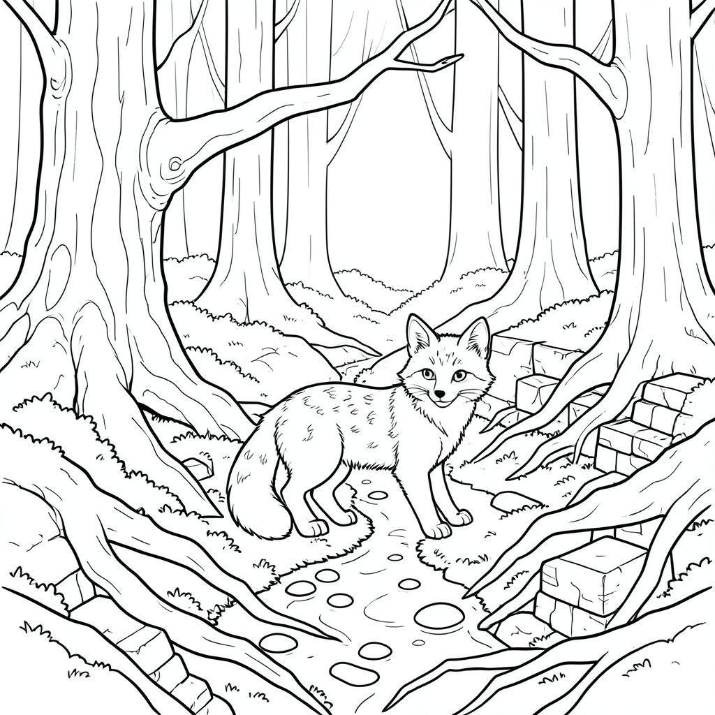 Một sinh vật nhỏ, giống cáo, có kích thước gần bằng một con mèo nhà, được đặt ở trung tâm của một sàn rừng rộng lớn, phủ đầy rêu. Bộ lông của cáo là sự pha trộn lốm đốm giữa màu nâu đỏ và kem, tạo ra một hoa văn thay đổi tinh tế. Khuôn mặt của nó là một hình tam giác mỏng manh của , với đôi mắt to, thông minh được đặt bên trong. Một cái đuôi nhỏ, cuộn tròn, một màu trắng gần như sáng, kéo dài từ lưng dưới của nó, duyên dáng xuống dưới. Đuôi dài hơn đáng kể so với phần còn lại của cơ thể cáo, tạo ra một đường cong riêng biệt.

Sàn rừng là một bức tranh khảm hỗn loạn của những rễ đan xen, bị che khuất một phần bởi một tấm thảm rêu dày. Rải rác giữa các rễ cây là những mảnh đá phong hóa – tàn tích của những bức tường cổ – tạo ấn tượng về một nơi yên tĩnh, bị lãng quên.   lọc xuống qua tán cây cao chót vót, tạo ra những hoa văn lốm đốm trên sàn rừng. Những mảng đá sông mịn được sắp xếp thành một dòng suối nhỏ, uốn lượn, chảy hơi dưới bàn chân của cáo.  Một cây sồi duy nhất, gồ ghề đứng hơi lệch sang trái, vỏ của nó có kết cấu với các vết nứt và màu sắc phong phú.  Ấn tượng tổng thể là một trong những vẻ đẹp yên tĩnh, cổ xưa., tranh tô màu đen trắng, phong cách lowbook, nghệ thuật đường nét, đơn sắc, không màu, không bóng, không xám, không tô màu, nền trắng, chỉ phác thảo, phong cách vector, thiết kế phẳng, 2d, chính xác một đuôi duy nhất, hoàn toàn không tô màu đen, nội thất trắng tinh khiết, không có miếng mực, không văn bản, không từ, không tiêu đề, hoàn toàn không màu,  Chỉ Pure Black and White Linarts