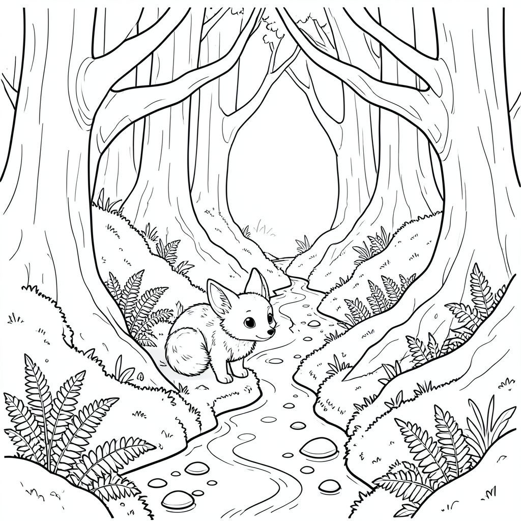 Một sinh vật nhỏ, giống cáo với khuôn mặt tròn trịa, hiền lành nép mình trong một khe núi rộng lớn, phủ đầy rêu. Bộ lông của cáo có màu kem, có kết cấu tinh tế với các đường gờ mờ. Đôi mắt của nó lớn và , đặt trong khuôn mặt của nó, phản chiếu môi trường xung quanh . Tai của sinh vật hơi dài và nhọn, tạo khung cho khuôn mặt của nó.

Bên dưới, một khu rừng nhấp nhô trải dài qua phần dưới của . Những cây cổ thụ cao chót vót với những cành dày, gồ ghề tạo nên một tán cây rậm rạp, chặn hầu hết ánh sáng mặt trời. Những mảng rêu bám vào rễ và đất ẩm. Nước nhỏ giọt xuống hai bên khe núi, tạo thành những dòng suối nhỏ, chảy chậm. Những viên đá nhỏ, nhẵn nằm rải rác trên mặt đất. Sàn khe núi được bao phủ bởi một thảm dương xỉ, những chiếc lá mỏng manh của chúng đan xen với rêu.

Một dòng suối mỏng, uốn lượn chảy vào khe núi, bề mặt của nó phản chiếu một lớp sương mù. Những giọt nước nhỏ bám vào rêu, tạo ra những hồ nước thu nhỏ. Hậu cảnh bị chi phối bởi tông màu trầm của sàn rừng và mặt nước, tạo cảm giác có chiều sâu. Hình ảnh nhấn mạnh sự nhỏ bé của con cáo trên nền của vùng hoang dã rộng lớn.

Sinh vật được đặt hơi lệch tâm, cơ thể của nó nghiêng về phía người xem, gợi lên cảm giác chiêm ngưỡng yên tĩnh. Có vẻ như nó đang quan sát một cái gì đó rất nhỏ ở xa., tranh tô màu đen trắng, phong cách lowbook, nghệ thuật đường nét, đơn sắc, không màu, không bóng, không xám, không điền, nền trắng, chỉ phác thảo, phong cách vector, thiết kế phẳng, 2d, chính xác một đuôi duy nhất, hoàn toàn không tô màu đen, nội thất trắng tinh khiết, không có miếng mực, không văn bản, không từ, không tiêu đề,  Hoàn toàn không có màu, chỉ có lineart đen trắng thuần túy