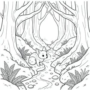 Một sinh vật nhỏ, giống cáo với khuôn mặt tròn trịa, hiền lành nép mình trong một khe núi rộng lớn, phủ đầy rêu. Bộ lông của cáo có màu kem, có kết cấu tinh tế với các đường gờ mờ. Đôi mắt của nó lớn và , đặt trong khuôn mặt của nó, phản chiếu môi trường xung quanh . Tai của sinh vật hơi dài và nhọn, tạo khung cho khuôn mặt của nó.

Bên dưới, một khu rừng nhấp nhô trải dài qua phần dưới của . Những cây cổ thụ cao chót vót với những cành dày, gồ ghề tạo nên một tán cây rậm rạp, chặn hầu hết ánh sáng mặt trời. Những mảng rêu bám vào rễ và đất ẩm. Nước nhỏ giọt xuống hai bên khe núi, tạo thành những dòng suối nhỏ, chảy chậm. Những viên đá nhỏ, nhẵn nằm rải rác trên mặt đất. Sàn khe núi được bao phủ bởi một thảm dương xỉ, những chiếc lá mỏng manh của chúng đan xen với rêu.

Một dòng suối mỏng, uốn lượn chảy vào khe núi, bề mặt của nó phản chiếu một lớp sương mù. Những giọt nước nhỏ bám vào rêu, tạo ra những hồ nước thu nhỏ. Hậu cảnh bị chi phối bởi tông màu trầm của sàn rừng và mặt nước, tạo cảm giác có chiều sâu. Hình ảnh nhấn mạnh sự nhỏ bé của con cáo trên nền của vùng hoang dã rộng lớn.

Sinh vật được đặt hơi lệch tâm, cơ thể của nó nghiêng về phía người xem, gợi lên cảm giác chiêm ngưỡng yên tĩnh. Có vẻ như nó đang quan sát một cái gì đó rất nhỏ ở xa., tranh tô màu đen trắng, phong cách lowbook, nghệ thuật đường nét, đơn sắc, không màu, không bóng, không xám, không điền, nền trắng, chỉ phác thảo, phong cách vector, thiết kế phẳng, 2d, chính xác một đuôi duy nhất, hoàn toàn không tô màu đen, nội thất trắng tinh khiết, không có miếng mực, không văn bản, không từ, không tiêu đề,  Hoàn toàn không có màu, chỉ có lineart đen trắng thuần túy