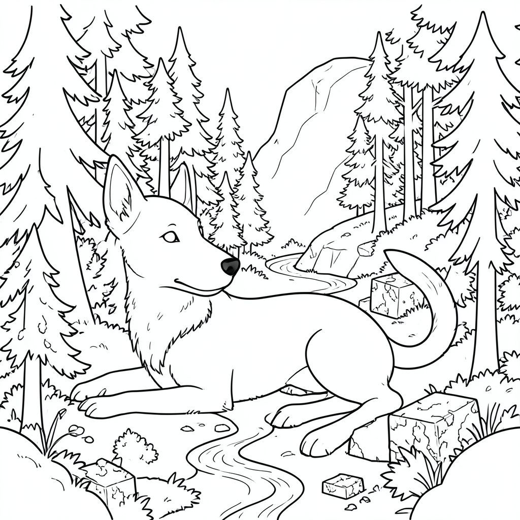 Một hình dạng răng nanh nằm trong một khu rừng xanh tươi, trải dài. Cơ thể của chó thuôn dài, bề mặt lông nhẵn. Đầu của nó hơi nghiêng, một đường cong nhẹ nhàng đến mõm. Tai của chó lớn và nhọn, sở hữu bề mặt tinh tế, có kết cấu. Đôi mắt của nó tập trung, những vũng nước trắng tinh khiết. Một cái đuôi dài, duyên dáng kéo dài từ phía sau, một đường cong màu trắng nhấp nhô duy nhất, được xác định một cách tinh tế bởi các đường giao nhau mờ nhạt. Đầu đuôi là một điểm nhỏ.

Nền có một sàn rừng rậm rạp bao gồm những cây thu nhỏ, nhiều lớp - những cây thông và cây phong cao, mảnh mai với các hoa văn phân nhánh đặc biệt của chúng. Mặt đất dốc nhẹ nhàng lên trên, dẫn đến một khối đá phủ đầy rêu ở xa. Những dòng suối nhỏ, nhỏ giọt len lỏi qua bụi rậm, nước của chúng phản chiếu một , khuếch tán . Rải rác giữa những tán lá là những khối đá phong hóa - hình chữ nhật, hơi bất thường và được bao phủ bởi một lớp địa y chắp vá. Ấn tượng tổng thể là một trong những khu rừng cổ kính, yên tĩnh. Bố cục được phân lớp cẩn thận, nhấn mạnh chiều sâu và kết cấu., trang tô màu đen trắng, phong cách lowbook, nghệ thuật đường nét, đơn sắc, không màu, không đổ bóng, không xám, không điền, nền trắng, chỉ phác thảo, phong cách vector, thiết kế phẳng, 2d, chính xác một đuôi duy nhất, hoàn toàn không tô màu đen, nội thất trắng tinh khiết, không có miếng mực, không có văn bản, không từ, không tiêu đề, hoàn toàn không màu,  Chỉ Pure Black and White Linarts