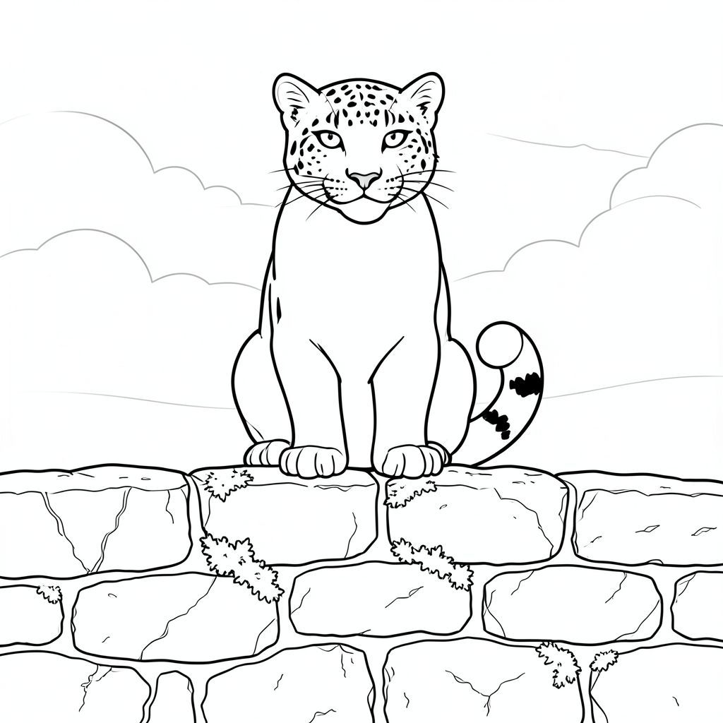 Một con báo tuyết duy nhất, được hình thành hoàn hảo, ở giữa, nằm trên đỉnh một bức tường đá rêu phong, đổ nát. Đầu báo hoa mai là một điểm sắc nhọn, mãnh liệt, một cái nhìn kiên định hơi cố định về phía trước. Một chiếc đuôi ngắn, mập mạp uốn cong duyên dáng phía sau nó, hòa quyện hoàn hảo với bề mặt của đá.

Bức tường được xây dựng bằng đá phong hóa, đầy những vết nứt nhỏ và bề mặt không bằng phẳng. Những mảng rêu bám vào đá, tạo ra một lớp kết cấu tinh tế.  Các đường trắng nhỏ, gần như vô hình, xác định các vết nứt và kẽ hở, bắt chước sự hình thành tự nhiên của đá.  Một mảnh địa y duy nhất, được đặt hoàn hảo bám vào mép tường, tạo thêm một chút màu sắc tinh tế.  Hậu cảnh là một dải đá trầm liền mạch, kéo dài đến một khoảng cách mờ mịt, chỉ bị ngắt quãng bởi ánh sáng dịu dàng, khuếch tán của những đám mây u ám ở xa. Không có chi tiết nào có thể nhìn thấy ngoài hòn đá và con báo. Trọng tâm hoàn toàn là hình dạng đơn lẻ của con báo., tranh tô màu đen trắng, phong cách lowbook, nghệ thuật đường nét, đơn sắc, không màu, không bóng, không xám, không tô màu, nền trắng, chỉ phác thảo, phong cách vector, thiết kế phẳng, 2d, chính xác một đuôi duy nhất, hoàn toàn không tô màu đen, nội thất trắng tinh khiết, không có miếng mực, không có văn bản, không từ, không tiêu đề, hoàn toàn không màu,  Chỉ Pure Black and White Linarts