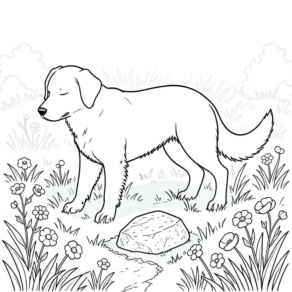 Một sable, có lông sâu, dài khoảng 30cm, đứng ở giữa. Đầu của nó là một hình bầu dục hoàn hảo, mịn màng, hơi nghiêng về phía trước, mắt nhắm lại trong giấc ngủ yên bình. Một cái đuôi dài, cong thanh lịch, dài không kém và , vệt phía sau nó, uốn cong một cách tinh tế.

Môi trường là một đồng cỏ được kết xuất tỉ mỉ, hơi mọc um tùm. Những mảng cỏ, gần như hoàn toàn không bị ảnh hưởng bởi ánh sáng mặt trời, gợn sóng trên nền. Những bông hoa dại nhỏ, được đặt không đều, - hoa anh thảo và hoa anh túc - mọc lẻ tẻ giữa cỏ, những cánh hoa mỏng manh của chúng tạo thành một hoa văn nhỏ, có kết cấu. Một viên đá duy nhất, rêu phong và bị phong hóa, hơi lệch tâm, bề mặt của nó có kết cấu tinh tế với các đường gờ và rãnh nhỏ. Một mảnh đất đổ nát dẫn vào nền. Đồng cỏ hơi nhô cao, một bãi cỏ khô thấp tạo ra một khung cảnh tinh tế, khí quyển. Trọng tâm hoàn toàn là.

Hậu cảnh là một nhòe của các đường nét tinh tế, tạo cảm giác chiều sâu mà không che khuất đối tượng cốt lõi. Một gradient tinh tế, gần như không thể nhận thấy, của , mát mẻ được áp dụng cho cỏ, gợi ý bóng. Viên đá được thể hiện dưới dạng một đường rất mịn, tinh tế, nhấn mạnh hình dạng và kết cấu nhẹ của nó. Có một gợi ý tối thiểu về những tán lá xa xôi, tắt tiếng xuyên qua cỏ, đạt được với các đường rất mịn, gần như vô hình.  Toàn bộ không gian toát lên cảm giác yên tĩnh, vượt thời gian., tranh tô màu đen trắng, phong cách lowbook, nghệ thuật đường nét, đơn sắc, không màu, không bóng, không xám, không điền, nền trắng, chỉ phác thảo, phong cách vector, thiết kế phẳng, 2d, chính xác một đuôi duy nhất, hoàn toàn không tô màu đen, nội thất trắng tinh khiết, không có miếng mực, không có văn bản, không từ, không tiêu đề, hoàn toàn không màu,  Chỉ Pure Black and White Linarts