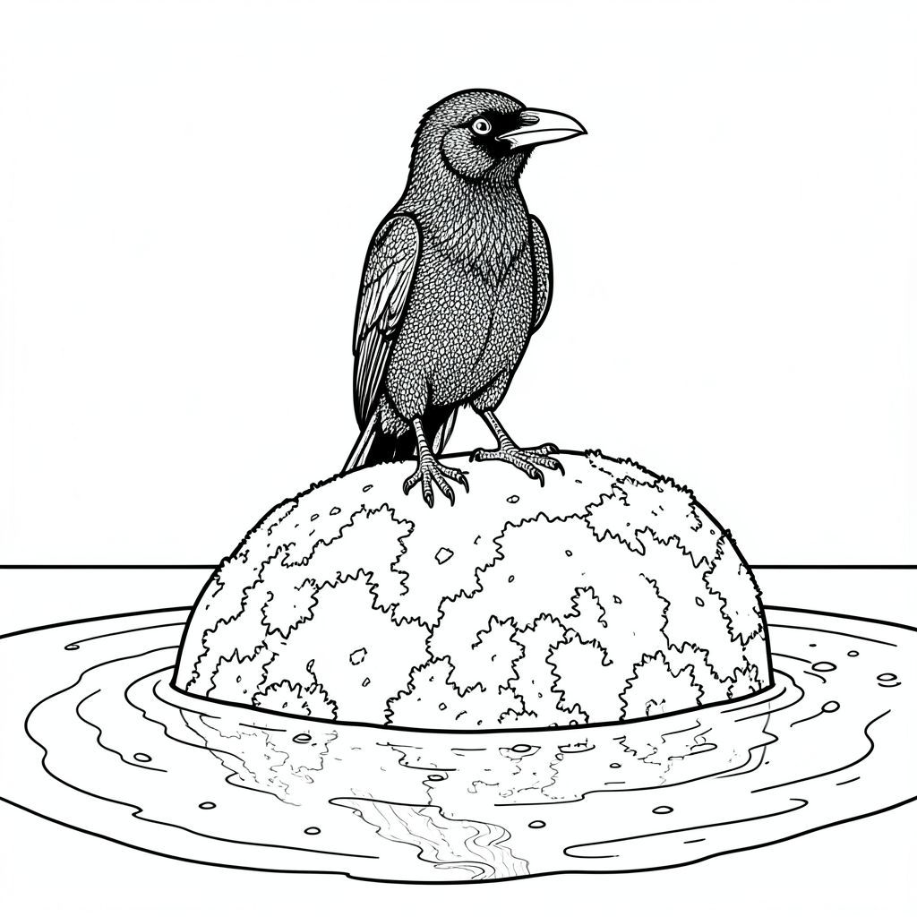 Một con quạ duy nhất, nằm sâu ngồi đậu trên một tảng đá phủ đầy rêu. Tảng đá lớn đến mức không tưởng, một phần chìm trong một vũng nước tù đọng. Nước phản chiếu bầu trời im lặng, hầu như không thể nhìn thấy qua một lớp địa y cổ xưa dày đặc bám vào bề mặt tảng đá. Đầu của con quạ ở giữa, một hình hắc diện thạch đáng kinh ngạc . Mỏ của nó được xác định rõ ràng, gần như đau đớn, và một con mắt hẹp duy nhất nhìn thẳng về phía trước, phản chiếu sự khuếch tán . Lông của nó có kết cấu tinh tế, xuất hiện gần như dạng hạt, với bề mặt nhám, hạt. Đuôi dài và dày, kết thúc bằng một đầu nhọn, cong xuống dưới như một cành cây được đánh bóng. Nước xung quanh tảng đá đục, với các mô hình xoáy của trầm tích và những mảnh thạch anh nhỏ, gần như vô hình. Bản thân đá là một đốm , được bao phủ bởi một lớp địa y, tạo ra một hiệu ứng tinh tế, nhiều lớp. Cảnh nhấn mạnh sự khắc nghiệt và tĩnh lặng của môi trường, tạo cảm giác cô lập và không gian cổ kính, không bị xáo trộn., tranh tô màu đen trắng, phong cách lowbook, nghệ thuật đường nét, đơn sắc, không màu, không bóng, không xám, không tô màu, nền trắng, chỉ phác thảo, phong cách vector, thiết kế phẳng, 2d, chính xác một đuôi duy nhất, hoàn toàn không tô màu đen, nội thất trắng tinh khiết,  Không có miếng mực, không văn bản, không từ, không tiêu đề, hoàn toàn không màu, chỉ có lineart đen trắng thuần túy