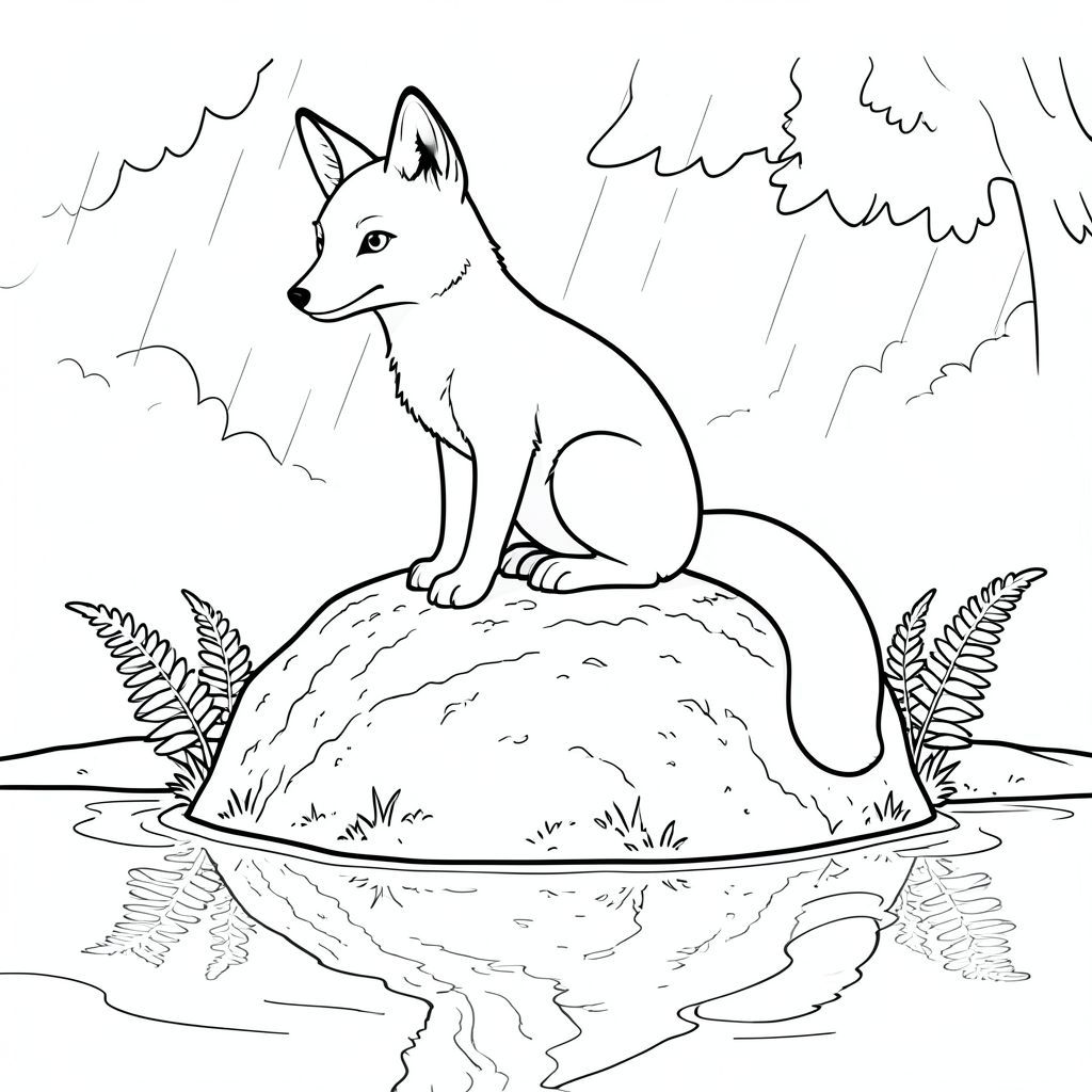 Một con cáo đơn lẻ, đầy đặn, ngồi đậu trên đỉnh một tảng đá phủ đầy rêu. Tảng đá bị nhấn chìm một phần trong một vũng nước nông, nước phản chiếu bầu trời mờ nhạt, u ám. Những cây dương xỉ nhỏ, mỏng manh mọc lên từ gốc tảng đá, các cạnh của chúng được xác định rõ ràng. Đầu của con cáo là một hình bầu dục hoàn hảo, hơi nghiêng, đôi mắt của nó và thông minh, được bao quanh bởi một sự tinh tế, gần như không thể nhận thấy, . Một cái đuôi dài, mỏng manh, cuộn tròn phía sau nó, biến mất vào mặt đất ẩm ướt. Bề mặt đá có kết cấu nặng, với các đường gờ và rãnh nhỏ bắt chước bề mặt đất gồ ghề. Mặt nước phản chiếu hình ảnh mờ, lốm đốm của cây cối xung quanh, hầu hết và một phần bị che khuất bởi mưa. Trọng tâm là đầu và đuôi cáo, và kết cấu tinh tế của tảng đá. Không có chi tiết nào ngoài hai yếu tố này., tranh tô màu đen trắng, phong cách lowbook, nghệ thuật đường nét, đơn sắc, không màu, không đổ bóng, không xám, không tô màu, nền trắng, chỉ phác thảo, phong cách vector, thiết kế phẳng, 2d, chính xác một đuôi duy nhất, hoàn toàn không tô màu đen, nội thất trắng tinh khiết, không có miếng mực, không văn bản, không từ, không tiêu đề, hoàn toàn không màu, chỉ vẽ đường đen trắng tinh khiết
