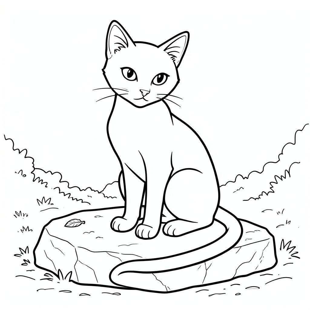 Một con mèo duy nhất, bóng bẩy, ở giữa, ngồi trên một tảng đá rêu phong. Đầu của con mèo là một cái nêm hoàn hảo, hơi nghiêng, một màu sắc, với đôi mắt mãnh liệt. Một đường mỏng kéo dài từ gốc đầu đến đầu đuôi. Đuôi dài và cong duyên dáng, một . Viên đá bên dưới con mèo thô ráp và không đồng đều, với sự thay đổi màu sắc tinh tế. Một chiếc lông mỏng manh duy nhất nằm trên lông mèo. Nền là một nền im lặng, có kết cấu, gợi ý đất ẩm ướt và những tán lá xa xôi. Đường nét cực kỳ chính xác, nhấn mạnh hình dạng của con mèo với những đường nét sắc nét, đậm., tranh tô màu đen trắng, phong cách lowbook, nghệ thuật đường nét, đơn sắc, không màu, không bóng, không xám, không tô màu, nền trắng, đường viền đen đặc, độ tương phản đậm, đường nét sắc nét, chỉ phác thảo, phong cách vector, thiết kế phẳng, 2d, chính xác một đuôi duy nhất, hoàn toàn không tô màu đen, nội thất trắng tinh khiết,  Không có miếng mực, không văn bản, không từ, không tiêu đề, hoàn toàn không màu, chỉ có lineart đen trắng thuần túy