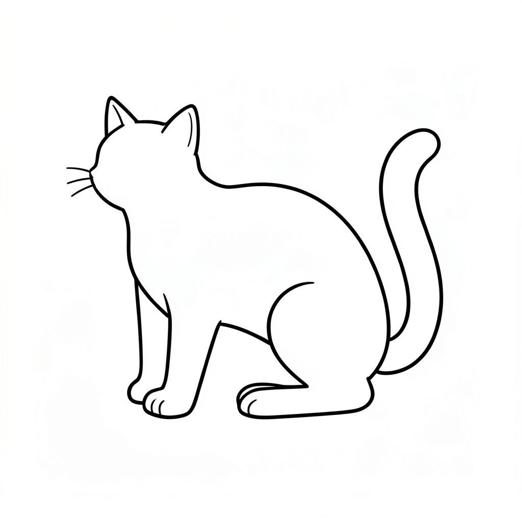 Một con mèo duy nhất, bóng bẩy, ở giữa, là tâm điểm. Đầu của nó là một hình tam giác hoàn hảo, hơi nghiêng, một . Một cái đuôi màu trắng đơn giản, hơi cong kéo dài từ đầu đối diện của cơ thể. Cơ thể là một hình bầu dục mịn, tròn, a, kem. Các đường được xác định chính xác, sắc nét và kiên định. Toàn bộ hình ảnh là rõ ràng, một hình bóng tối giản trên nền trắng tinh khiết., trang tô màu đen trắng, phong cách lowbook, nghệ thuật đường nét, đơn sắc, không màu, không bóng, không xám, không điền, nền trắng, đường viền đen đặc, tương phản đậm, đường nét sắc nét, chỉ phác thảo, phong cách vector, thiết kế phẳng, 2d, chính xác một đuôi duy nhất, hoàn toàn không tô màu đen, nội thất trắng tinh khiết,  Không có miếng mực, không văn bản, không từ, không tiêu đề, hoàn toàn không màu, chỉ có lineart đen trắng thuần túy