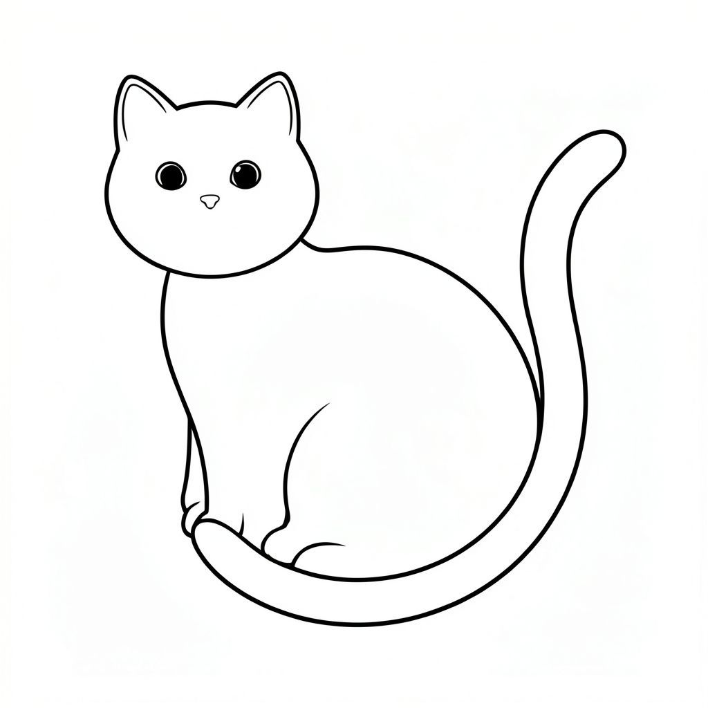 Một con mèo nguyên sơ. Đầu của nó là một vòng tròn tròn hoàn hảo, được căn giữa chính xác. Một chiếc đuôi dài, bóng bẩy kéo dài duyên dáng từ phía sau, bắt chước đường cong của cơ thể nó. Các đường nét cực kỳ mịn, được xác định rõ ràng và cách đều nhau. Đường viền khuôn mặt của mèo mịn màng và tinh tế, nhấn mạnh các đặc điểm của mèo. Đường đuôi uốn cong nhẹ nhàng xuống dưới, tạo ra một điểm tinh tế. Đôi mắt của con mèo nhỏ và tập trung về phía trước. Không gian tinh tế giữa đầu và đuôi được xác định bởi một đường mảnh. Toàn bộ bố cục là tối giản, một con mèo duy nhất, được hình thành hoàn hảo., trang tô màu đen trắng, phong cách lowbook, nghệ thuật đường nét, đơn sắc, không màu, không bóng, không xám, không tô màu, nền trắng, đường viền đen đặc, độ tương phản đậm, đường nét sắc nét, chỉ phác thảo, phong cách vector, thiết kế phẳng, 2d, chính xác một đuôi đơn, hoàn toàn không tô màu đen, nội thất trắng tinh khiết, không có miếng mực,  Không văn bản, không từ, không tiêu đề, hoàn toàn không màu, chỉ có lineart đen trắng thuần túy