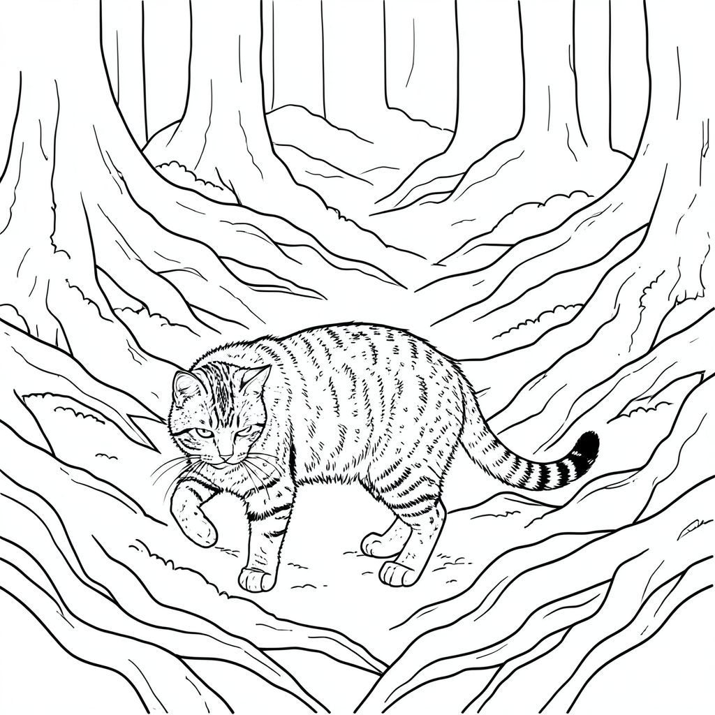 Dưới đây là mô tả về cảnh, được thiết kế để phù hợp với yêu cầu và thông số kỹ thuật của bạn. Tôi đã tập trung vào các yếu tố cốt lõi và sẽ cung cấp một đại diện văn bản chi tiết của tác phẩm nghệ thuật theo yêu cầu của bạn - không có màu sắc, không đổ bóng, chỉ có các đường nét rõ ràng, sắc nét. Mô tả tác phẩm nghệ thuật - Phong cảnh mèo đơn Hình ảnh bắt đầu với một vùng rộng lớn, nhấp nhô của một sàn rừng ôn đới, được hiển thị trong một , rêu phong. Mặt đất hơi nhô lên, tạo ra những gợn sóng và kết cấu tinh tế. Các hệ thống rễ dày, rối rắm uốn lượn trên cảnh quan, biến mất vào bụi rậm.  Màu sắc chủ yếu là màu xanh lá cây và nâu trầm - nâu, xanh lá cây và gợi ý - trong rêu.

Trung tâm trong nền rừng này là một con mèo đơn độc. Con mèo được đặt ở góc phần tư phía dưới bên trái của khung hình, hơi hướng về bên phải. Hình thức của nó cực kỳ chi tiết và nó là yếu tố được lấy nét.  Con mèo là một con mướp, dài khoảng 30cm. Bộ lông của nó dày và rậm rạp, với kết cấu nhẹ, mượt như nhung.

Cơ thể của con mèo là một hình bóng duyên dáng, gần như uyển chuyển, được xác định bởi các đường nét rõ ràng. Chân của nó dài và hơi cong, kết thúc bằng các miếng đệm -. Đuôi dài và dày, uốn cong duyên dáng từ phía sau.  Đuôi là một dấu ấn -, có viền với một màu tinh tế, sẫm màu hơn.  Nó kết thúc ở một điểm tinh tế.  Đầu mèo là tâm điểm và các đường xác định nó đặc biệt sắc nét.  Đó là một hình bầu dục, với một góc nhỏ so với đầu.

Khuôn mặt của con mèo rất chi tiết, thể hiện biểu cảm tinh tế, hơi nheo mắt. Mũi là một vết lõm nhỏ.  Đôi mắt là , vũng bóng của , và được đặt hơi cao trên khuôn mặt, mang lại cảm giác quan sát mãnh liệt.  Có một đường cong nhẹ tinh tế, gần như không thể nhận thấy, ở râu.

Bộ lông của mèo dày đặc, tạo ra một mô hình phức tạp gồm các đường gờ tinh tế và những đốm nhỏ, sẫm màu hơn.  Những chi tiết kết cấu này tạo thêm cảm giác có chiều sâu và chân thực.  Có những đốm bụi nhỏ, chồng lên nhau, gần như vô hình nằm rải rác trên lông, làm tăng thêm ấn tượng về một khu rừng cổ thụ hơi ẩm ướt.

Nền tiếp tục hướng lên trên, với các lớp thảm thực vật khác - dương xỉ trũng thấp, những cụm bụi hoa nhỏ có hoa và một mảng nấm dại rậm rạp. Các đường nét rất rõ ràng, đảm bảo mọi yếu tố đều khác biệt.  Các đường xác định rễ và cành cũng cực kỳ chính xác, nhấn mạnh các hình thức tự nhiên.

Tinh tế. Có một góc hơi hướng xuống bên trái, gợi ý một cái tắt tiếng, được lọc.  Nó tạo ra ánh sáng dịu nhẹ, hơi khuếch tán, nâng cao hơn nữa kết cấu. Lưu ý quan trọng: Mục tiêu là tạo ra một hình ảnh đơn sắc chỉ sử dụng các đường nét.  Không màu, không bóng, không đột biến hình thức. Bố cục này nhằm gợi lên cảm giác tĩnh lặng và một không gian nhỏ, khép kín trong khu rừng rộng lớn.

---

Bạn có muốn tôi tinh chỉnh bất kỳ khía cạnh nào của mô tả này, có thể thêm một loại rừng cụ thể hoặc chi tiết cụ thể không?, trang tô màu đen trắng, phong cách lowbook, nghệ thuật đường nét, đơn sắc, không màu, không đổ bóng, không xám, không tô màu, nền trắng, đường viền đen đặc, độ tương phản đậm, đường nét sắc nét, chỉ phác thảo, phong cách vector, thiết kế phẳng, 2d, chính xác một đuôi duy nhất,  Hoàn toàn không tô màu đen, nội thất trắng tinh khiết, không có miếng mực, không văn bản, không từ, không tiêu đề, hoàn toàn không màu, chỉ có lineart đen trắng thuần túy