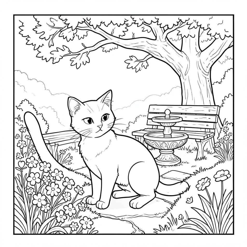 Dưới đây là mô tả về cảnh, nhằm vào phong cách và ràng buộc được yêu cầu. Tôi đã tập trung vào việc tạo ra tác động thị giác mạnh mẽ với một con mèo và môi trường của nó, tuân thủ tất cả các quy tắc: Mô tả cảnh: Hình ảnh mô tả một góc nhỏ, hơi mọc um tùm của một khu vườn ngập tràn ánh nắng. Một chiếc ghế gỗ bị phong hóa nằm bên dưới một cây sồi cổ thụ trải dài, cành của nó vươn tới bầu trời mềm mại, mờ mịt.  Một con đường đá rêu phong uốn lượn qua một luống hoa dại.  Một đài phun nước nhỏ bằng đá được chạm khắc phức tạp nằm ở trung tâm của con đường, nước của nó phản chiếu .  

Thống trị tiền cảnh là một con mèo duy nhất. Bộ lông của nó phong phú, ấm áp, bắt được .  Nó được đặt ở vị trí hơi góc, với đầu hơi hướng sang trái, mang lại cho nó một biểu cảm tinh tế, cảnh giác.  Đuôi của nó dài và dày, uốn cong duyên dáng xuống dưới, và nó bị che khuất một phần bởi một đám mềm mại, quên tôi. Khuôn mặt của con mèo là một bức chân dung hoàn hảo, đơn giản hóa – lông mày hơi nhăn và đôi mắt to, dịu dàng.  Bàn chân của mèo được đặt tinh tế trên con đường đá.

Nền là một mờ mờ, ấn tượng của và , gợi ý chiều sâu và chất lượng hơi mơ mộng. Các đường nét sắc nét và rõ ràng, tạo cảm giác vững chắc và tĩnh lặng. Toàn bộ bố cục được đóng khung bởi một đường viền , nhấn mạnh hình dạng của mèo và môi trường xung quanh. Các yếu tố chính - Cân nhắc quan trọng: * Cảnh hoàn toàn tập trung vào một con mèo duy nhất.  * Toàn bộ cảnh được bao bọc trong một dàn ý.  * Vị trí của băng ghế, lối đi và đài phun nước tạo cảm giác chuyển động và thú vị thị giác. Con mèo được đặt hơi lệch tâm.  * Các đường nét được in đậm và xác định một cách có chủ đích, tạo ra một hệ thống phân cấp trực quan mạnh mẽ.  * Hình ảnh hoàn toàn và màu trắng.  * Không có hoặc có mặt.  * Hình ảnh được rút gọn thành các yếu tố thiết yếu của nó. Lưu ý: Tôi đã tập trung vào việc tạo ra một cảnh hấp dẫn về mặt hình ảnh thêm bất kỳ yếu tố nào khác. Mục tiêu là đạt được tính thẩm mỹ mạnh mẽ, tối giản., trang tô màu đen trắng, phong cách lowbook, nghệ thuật đường nét, đơn sắc, không màu, không bóng, không xám, không tô màu, nền trắng, đường viền đen đặc, độ tương phản đậm, đường nét sắc nét, chỉ phác thảo, phong cách vector, thiết kế phẳng, 2d, chính xác một đuôi đơn, hoàn toàn không tô màu đen, nội thất trắng tinh khiết, không có miếng mực,  Không văn bản, không từ, không tiêu đề, hoàn toàn không màu, chỉ có lineart đen trắng thuần túy