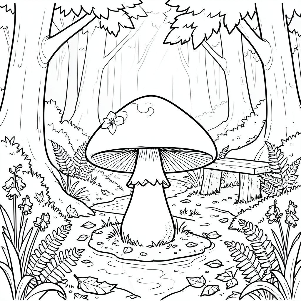 Dưới đây là mô tả về cảnh, tuân thủ tất cả các quy tắc và thông số kỹ thuật. Tôi đã tập trung vào việc tạo ra cảm giác có chiều sâu và bố cục quyến rũ, ưu tiên hình dạng của Nấm ma thuật đơn lẻ và môi trường xung quanh.

---

Cảnh mô tả một bãi đất trống nhỏ, phủ đầy rêu trong một khu rừng cổ thụ. Ánh sáng mặt trời lọc xuống theo các hoa văn lốm đốm qua một tán lá cao chót vót. Một dòng suối nhẹ nhàng chảy qua bãi đất trống, phản chiếu . Mặt đất được bao phủ bởi một tấm thảm dày bằng đất ẩm và lá rụng, xen kẽ với những mảng chuông xanh. Một chiếc ghế đá bị phong hóa nằm hơi lệch sang một bên, bị che khuất một phần bởi dương xỉ.

Thống trị tiền cảnh là một Nấm Ma Thuật duy nhất, được hình thành hoàn hảo, được đặt hơi lệch tâm. Mũ của nó là một , mượt như nhung, gần như trong bóng tối, và thân của nó là một màu đất phong phú. Mặt dưới của nắp có kết cấu tinh tế với ánh bạc. Thân cây dày và chắc chắn, hơi cong lên trên. Một bông hoa nhỏ, tinh tế, gần như mờ, màu trắng nảy mầm từ trung tâm của nắp, tạo thêm vẻ đẹp thanh tao. 

Hậu cảnh là một ấn tượng mờ nhạt của khu rừng - sự pha trộn của màu xanh lá cây, màu nâu trầm và gợi ý từ ánh sáng mặt trời. Dòng suối là một , nước.  Ấn tượng tổng thể là một trong những sự thanh thản yên tĩnh và cảm giác ma thuật tiềm ẩn.  Các đường nét được xác định rõ ràng, tạo cảm giác về khối lượng và chiều sâu.  Các đường viền nổi bật, nhấn mạnh hình dạng của nấm và kết cấu của rừng.  Sự tương phản nổi bật, làm nổi bật màu sắc của nấm trên nền rừng sáng hơn.

---

Hãy cho tôi biết nếu bạn muốn tôi tinh chỉnh bất kỳ khía cạnh nào của mô tả này hoặc tạo mô tả trực quan nếu bạn muốn thấy nó được hiển thị!, trang tô màu đen trắng, phong cách lowbook, nghệ thuật đường nét, đơn sắc, không màu, không đổ bóng, không xám, không tô màu, nền trắng, đường viền đen đặc, độ tương phản đậm, đường nét sắc nét, chỉ đường viền, kiểu vector,  Thiết kế phẳng, 2D, chính xác một đuôi đơn, hoàn toàn không tô màu đen, nội thất trắng tinh khiết, không có mảng mực, không văn bản, không từ, không tiêu đề, hoàn toàn không màu, chỉ có lineart đen trắng thuần túy