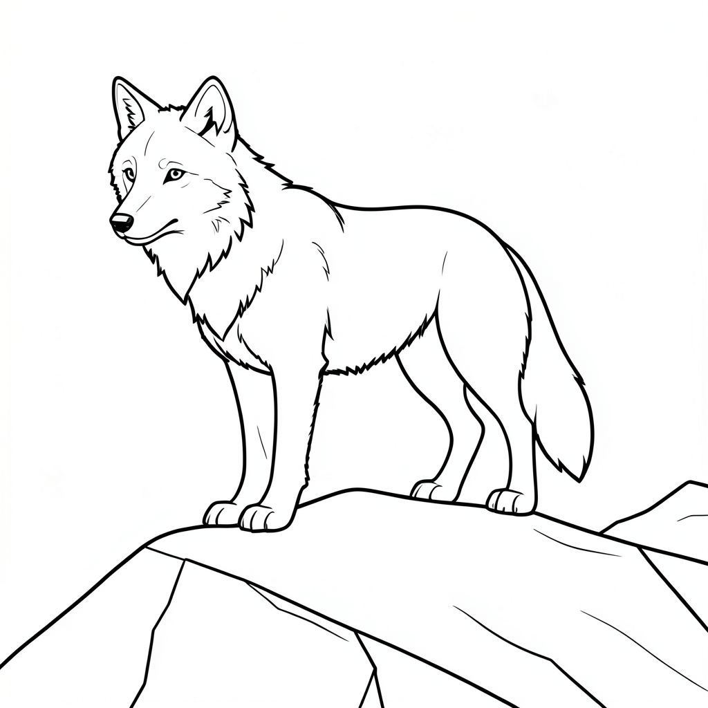 Dưới đây là mô tả về một cảnh có một con sói cách điệu, tuân thủ tất cả các quy tắc và thông số kỹ thuật của bạn. Mô tả: Một con sói đơn độc đứng trên một sườn núi phủ đầy tuyết. Con sói hơi quay mặt sang trái, đầu nghiêng về phía người xem. Bộ lông của nó bị tắt tiếng, với những thay đổi tinh tế về tông màu cho thấy vẻ ngoài tự nhiên, hơi già đi. Đuôi sói dài và hơi cong, hướng xuống dưới. Hậu cảnh là một khối đá đơn giản, có kết cấu tinh tế để tạo cảm giác chiều sâu. Con sói được hiển thị trong một bản vẽ đường thẳng, liên tục. Các đường nét chính xác và sạch sẽ, tạo nên tính thẩm mỹ tối giản, rõ ràng. Trọng tâm hoàn toàn là hình dạng của con sói và phong cảnh đơn giản. Yếu tố hình ảnh: * Sói - Đại diện duy nhất, cách điệu.  * sự hình thành đá - Hình dạng hình học, đơn giản.  * Vẽ đơn, liên tục, đường thẳng.  * Không có.  * Không có đột biến, nhiều đầu, nhiều đuôi, nhiều động vật, màu sắc,.

---

Hãy cho tôi biết nếu bạn muốn tôi tinh chỉnh điều này thêm!, tranh tô màu đen trắng, phong cách lowbook, nghệ thuật đường nét, đơn sắc, không màu, không đổ bóng, không xám, không tô màu, nền trắng, đường viền đen đặc, độ tương phản đậm, đường nét sắc nét, chỉ phác thảo, phong cách vector, thiết kế phẳng, 2d, chính xác một đuôi duy nhất, hoàn toàn không tô màu đen, nội thất trắng tinh khiết, không có miếng mực,  Không văn bản, không từ, không tiêu đề, hoàn toàn không màu, chỉ có lineart đen trắng thuần túy