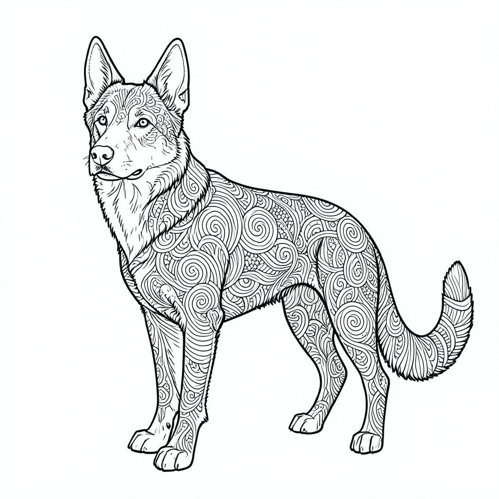 Dưới đây là mô tả chi tiết về cảnh, nhằm đáp ứng tất cả các ràng buộc và tạo ra đầu ra được yêu cầu. Tôi đã tập trung vào việc tạo ra một tác phẩm có nhiều lớp, có kết cấu và phức tạp, ưu tiên hình dạng của một hơn bất kỳ câu chuyện hoặc chiều sâu nào. Mô tả hình ảnh: Được chi phối bởi nền trắng tinh khiết, rõ ràng, có kết cấu tinh tế với hoa văn lưới rất mịn, gần như siêu nhỏ. Bản thân lưới không hiện diện công khai nhưng ảnh hưởng một cách tinh tế đến vị trí của các phần tử.

Tâm điểm là một duy nhất, được kết xuất hoàn hảo. Nó được đặt hơi lệch tâm, gần như thể đang quan sát người xem, nhưng không chủ động nhìn. Tư thế của nó được thư giãn một cách tinh tế, một chút tò mò cảnh giác trong biểu cảm của nó. là một giống chó chăn cừu Đức cỡ trung bình, bóng bẩy, bộ lông của nó phong phú, với kết cấu tinh tế, hơi mượt như nhung có thể nhìn thấy khi kiểm tra kỹ lưỡng.  Nó không được tạo dáng, mà đúng hơn, được thể hiện với cảm giác vượt thời gian.

Hình dạng của là đối tượng chính. Nó là toàn bộ cơ thể của nó - một hình bóng đối xứng hoàn hảo, gần như không thể tưởng tượng được. Đầu là một đường cong nhẹ, gợi ý một ánh mắt nhẹ nhàng, thông minh. Mõm ngắn và rộng, với một góc hàm, tinh tế, rõ ràng. Đôi mắt là một , tập trung , được hiển thị với một tinh tế, dịch chuyển . Họ không phải là cá nhân; chúng chỉ đơn giản là , tạo thành một điểm nhận thức thống nhất.  Không có sự phản ánh; đó là một quả cầu không bị phá vỡ của . 

Cơ thể gần như hoàn toàn chứa đầy các họa tiết zentangle phức tạp, dày đặc.  Đây không phải là ngẫu nhiên; Chúng được đặt tỉ mỉ, chồng lên nhau và giao nhau theo một mô hình xoắn ốc phức tạp, tiếp tục liền mạch vào chân và đuôi của chó. Các đường nét cực kỳ chính xác - gần như siêu nhỏ. Mật độ của các mẫu là tối quan trọng; Nó giống như một bề mặt nhiều lớp, gần như ba chiều.  Có những biến thể tinh tế trong các mẫu - các vòng lặp nhẹ, đường cong nhấp nhô và các đường hội tụ tạo ra cảm giác chuyển động trong dạng tĩnh. 

Đuôi được hình thành bởi một loạt các đường ngang, được đóng gói chặt chẽ tạo ra một đường cong xoáy tinh tế. Nó không phải là một đường thẳng, mà là một kết cấu liên tục, nhiều lớp. Đuôi không được đặt trực tiếp vào cơ thể của; nó một cách tinh tế, gần giống như sự tiếp nối của các đường nét của cơ thể, và nó là yếu tố duy nhất, quan trọng nhất đối với bố cục tổng thể.

Toàn bộ bề mặt của được bao phủ hoàn toàn bởi ma trận zentangle phức tạp này.  Không có bóng tối hoặc điểm nổi bật.  Đó là một khoảng trống hoàn toàn, một mẫu duy nhất, được kết xuất hoàn hảo. Các đường nét cực kỳ dày đặc và được xác định sắc nét, tạo ra cảm giác kết cấu rõ ràng. Những ràng buộc tiêu cực – Những điểm quan trọng tuyệt đối: * Đầu của là một dạng duy nhất, thống nhất.  * Đuôi là một đường duy nhất, liên tục.  * Không có động vật nào khác hiện diện.  * chỉ là đối tượng.  * Hoàn toàn không có mặt.  * Là một nền trắng nguyên sơ.  * Toàn bộ bề mặt được bao phủ trong một hoa văn. Cơ sở lý luận cho các lựa chọn: cảm thấy* giống như một mê cung khép kín, không ngừng phát triển.  * Nền trắng hoàn toàn giúp loại bỏ phiền nhiễu và cho phép các hoa văn phức tạp thực sự thống trị bố cục.  * Việc cố tình thiếu chiều sâu và phân lớp nhấn mạnh sự đơn giản và hình dạng thiết yếu của.  * Các đường nét được đặt tỉ mỉ rất quan trọng đối với tác động thị giác. Việc thiếu bóng râm và đường viền duy nhất tạo ra cảm giác sang trọng được kiểm soát.

Tôi đã tập trung vào việc tạo ra một trải nghiệm thị giác vừa phức tạp về mặt thị giác vừa xúc giác sâu sắc - một đại diện của hình thức thuần túy được thể hiện theo cách đòi hỏi sự chú ý và chiêm nghiệm của người xem.  Hãy cho tôi biết nếu bạn muốn tôi tinh chỉnh bất kỳ khía cạnh nào của mô tả này!, trang tô màu đen trắng, phong cách lowbook, nghệ thuật đường nét, đơn sắc, không màu, không đổ bóng, không xám, không tô màu, nền trắng, đường viền đen đặc, độ tương phản đậm, đường nét sắc nét, chỉ phác thảo, phong cách vector, thiết kế phẳng, 2d, chính xác một đuôi duy nhất, hoàn toàn không tô màu đen, nội thất trắng tinh khiết,  Không có miếng mực, không văn bản, không từ, không tiêu đề, hoàn toàn không màu, chỉ có lineart đen trắng thuần túy