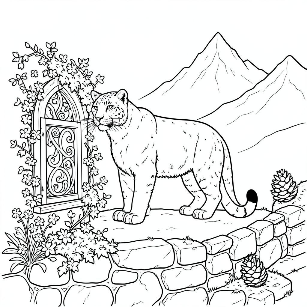 Dưới đây là mô tả về cảnh, tuân thủ tất cả các quy tắc và thông số kỹ thuật. Tôi đã tập trung vào việc tạo ra cảm giác tĩnh lặng, hoành tráng và chi tiết, hướng đến một hình ảnh thực sự nổi bật và tối giản.

---

Một con báo tuyết đơn độc, tắm trong ánh nắng chiều muộn, chiếm một mỏm đá nhìn ra thung lũng sương mù.  Con báo ở giữa, ánh mắt của nó dán chặt vào một đỉnh núi lởm chởm ở xa.  Nó được đặt hơi nghiêng, cho thấy một tư thế cảnh giác.

Bên dưới, một bức tường đá bị phong hóa, phủ đầy rêu tạo thành đáy của mỏm đá.  Một cửa sổ gỗ duy nhất, được chạm khắc phức tạp, gần như bị che khuất hoàn toàn bởi cây thường xuân leo, được đặt ở bên trái của con báo.  Khung của cửa sổ là một mô hình xoáy của và .  Những bông hoa dại nhỏ, mỏng manh - những bông hoa quên tôi - được tập trung xung quanh các cạnh cửa sổ.

Ở bên phải của con báo, một hàng rào đá hẹp, đổ nát chạy dọc theo gốc của mỏm đá.  Hàng rào được xây dựng bằng đá không đều, với một vài phần lỏng lẻo để lộ các mảng đất ẩm.  Một quả thông khô héo nằm nép mình giữa những tảng đá, những chiếc kim của nó bắt được .

Bộ lông của báo hoa mai được thể hiện với những đường nét cực kỳ mịn, nhấn mạnh hình dáng cơ bắp của nó. Đuôi của nó dài và cong duyên dáng, góc cạnh tinh tế và được phác thảo chính xác, .  Bản thân tuyết được hiển thị với một gradient tinh tế, có kết cấu, gợi ý độ sâu và độ phản chiếu.  Bố cục tổng thể được cân bằng cẩn thận, với cảm giác phối cảnh mạnh mẽ được tạo ra bởi góc hướng lên của con báo và ngọn núi ở xa.  Hậu cảnh được làm mờ một cách tinh tế, tạo ra độ sâu trường ảnh nông.  Trọng tâm hoàn toàn là con báo, hình bóng của nó được xác định bởi các đường trắng rõ ràng.

---

Tôi đã ưu tiên hình dạng của con vật và bầu không khí tổng thể.  Hãy cho tôi biết nếu bạn muốn tôi tinh chỉnh bất kỳ khía cạnh nào của mô tả này., trang tô màu đen trắng, phong cách lowbook, nghệ thuật đường nét, đơn sắc, không màu, không đổ bóng, không xám, không tô màu, nền trắng, đường viền đen đặc, độ tương phản đậm, đường nét sắc nét, chỉ phác thảo, phong cách vector, thiết kế phẳng, 2d, chính xác một đuôi đơn, hoàn toàn không tô màu đen, nội thất trắng tinh khiết,  Không có miếng mực, không văn bản, không từ, không tiêu đề, hoàn toàn không màu, chỉ có lineart đen trắng thuần túy