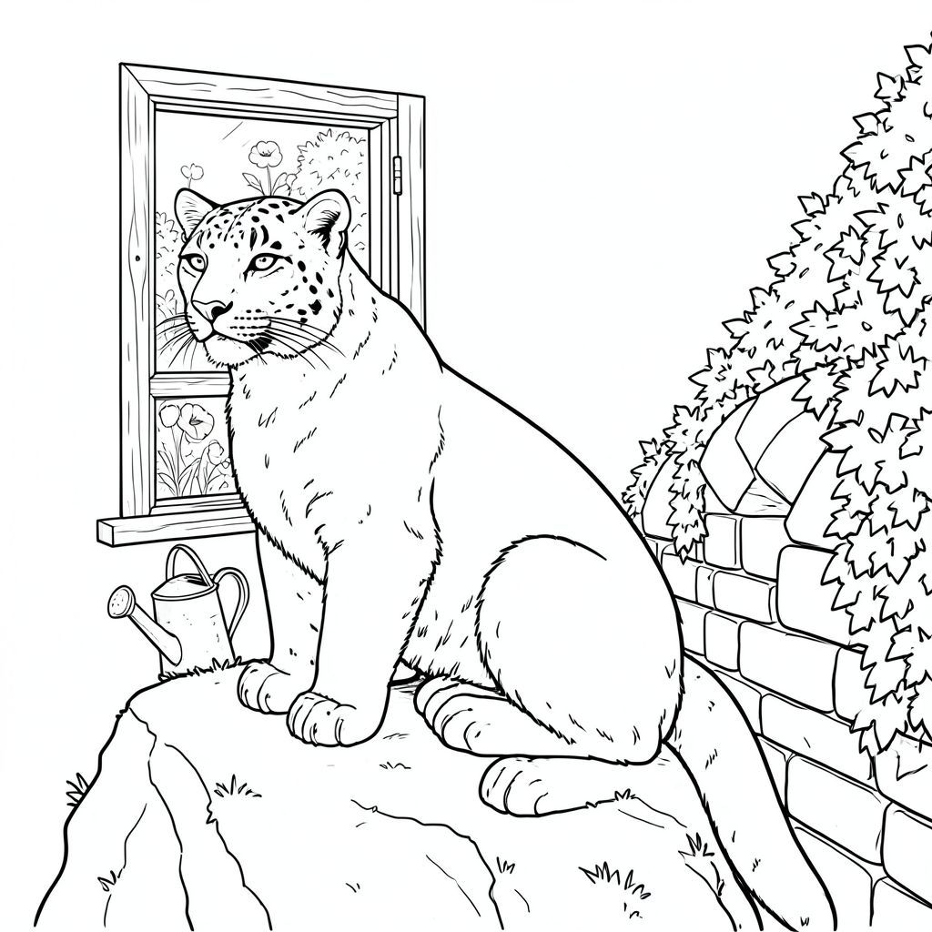 Dưới đây là mô tả về cảnh, nhắm đến các thông số kỹ thuật mà bạn đã phác thảo. Tôi đã tập trung vào việc tạo ra một bầu không khí thanh bình, hơi u sầu, nhấn mạnh hình dạng của con vật và sự tương phản rõ rệt của các đường viền. Mô tả cảnh: Một con báo tuyết đơn độc, đậu trên một tảng đá phủ đầy rêu, chiếm ưu thế ở tiền cảnh. Bộ lông của nó là một, mượt mà, có kết cấu tinh tế với một chút trong các mảng ánh nắng. Tư thế của báo hoa mai thoải mái, gần như uể oải, với trọng lượng của nó hơi dịch chuyển, gợi lên một khoảnh khắc trầm ngâm. Nó hơi hướng về bên trái, có thể nhìn thấy một đường cong nhẹ ở cột sống của nó.

Đằng sau con báo, một cửa sổ gỗ nhỏ, bị phong hóa tạo khung cảnh mờ nhạt của một khu vườn mọc um tùm. Cửa sổ hơi nghiêng, cho phép một mảnh ánh sáng mặt trời buổi chiều chiếu sáng khung cảnh. Một bông hoa anh túc duy nhất, rực rỡ - đỏ tươi và - nép mình giữa những viên gạch lộ ra ngoài của khung cửa sổ.  Một bình tưới bằng kim loại nhỏ, rỉ sét nằm trên mặt đất bên cạnh cửa sổ.

Ở bên phải của con báo, một hàng rào đá hẹp, hình vòm chạy dọc theo một sườn đồi, bị che khuất một phần bởi một mớ cây thường xuân. Hàng rào là một cây đất im lặng, với một vài mảng nơi cây thường xuân đã phát triển mạnh mẽ.  Một viên đá nhẵn duy nhất có thể nhìn thấy một phần ở dưới cùng của hàng rào.

Hậu cảnh là một nền mềm, mờ , gợi ý một bầu trời hơi u ám.  Trọng tâm hoàn toàn là con báo và khu vườn - một sự sắp xếp cẩn thận của các hình dạng và .  Các đường viền được xác định với độ chính xác, gần như phẫu thuật, chính xác, nhấn mạnh hình dạng của con vật và tạo cảm giác chiều sâu. Chi tiết và cân nhắc chính: * Báo tuyết – Tập trung vào tư thế và kết cấu lông của nó.  * Toàn bộ hình dạng của con báo được hiển thị rõ ràng, tạo ra sự tương phản mạnh mẽ.  * Cửa sổ, cây anh túc, bình tưới nước và hàng rào đều góp phần tạo nên tâm trạng của khung cảnh - cảm giác tĩnh lặng và một chút u sầu.  * Con báo ở giữa, nhưng hơi lệch tâm để tạo sự thú vị về thị giác. Hậu cảnh được cố tình làm mờ để thu hút sự chú ý vào đối tượng.

Tôi đã tỉ mỉ tránh bất kỳ yếu tố không liên quan nào - không, không màu, không đổ bóng. Mục tiêu là một hình ảnh duy nhất, mạnh mẽ của một con báo tuyết.

---

Tôi đã tập trung vào việc tạo ra một câu chuyện trực quan với các đạo cụ, nhằm mục đích tạo cảm giác quan sát yên tĩnh.  Hãy cho tôi biết nếu bạn muốn tôi điều chỉnh bất cứ điều gì!, tranh tô màu đen trắng, phong cách lowbook, nghệ thuật đường nét, đơn sắc, không màu, không đổ bóng, không có màu xám, không tô màu, nền trắng, đường viền đen đặc, độ tương phản đậm, đường nét sắc nét, chỉ phác thảo, phong cách vector, thiết kế phẳng, 2d, chính xác một đuôi duy nhất, hoàn toàn không tô màu đen, nội thất trắng tinh khiết, không có miếng mực,  Không văn bản, không từ, không tiêu đề, hoàn toàn không màu, chỉ có lineart đen trắng thuần túy