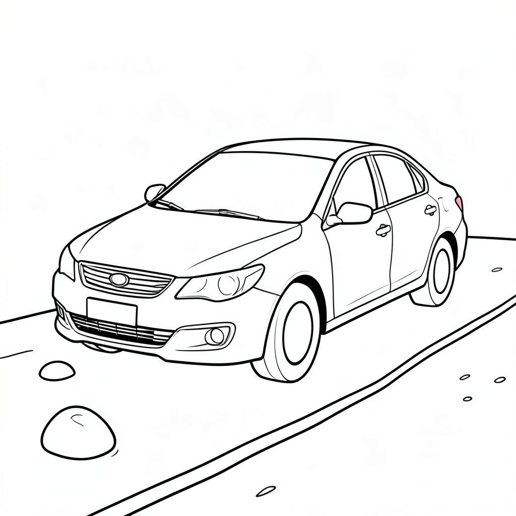 Hình ảnh mô tả một chiếc sedan duy nhất, - đậu trên một con đường nhựa hơi không bằng phẳng. Chiếc xe được đặt hơi nghiêng, với phần đầu xe hướng về phía trước. Thân xe là một, mờ. Mặt đường là một, hơi có kết cấu. Một tảng đá nhỏ, nhẵn, màu trắng được đặt hơi bên trái xe, ngay phía trên cản trước. Đèn pha của xe có thể nhìn thấy, hơi nghiêng. Nền là một đường nhựa đường đơn giản, liên tục. Hình bóng của chiếc xe được xác định rõ ràng, với các đường viền đậm, nhấn mạnh hình dạng của nó. Không có chi tiết nào khác có mặt., trang tô màu đen trắng, phong cách lowbook, nghệ thuật đường nét, đơn sắc, không màu, không bóng, không xám, không tô màu, nền trắng, đường viền đen đặc, độ tương phản đậm, đường nét sắc nét, chỉ phác thảo, phong cách vector, thiết kế phẳng, 2d, chính xác một đuôi duy nhất, hoàn toàn không tô màu đen, nội thất trắng tinh khiết, không có miếng mực, không có văn bản, không có từ,  Không có tiêu đề, hoàn toàn không có màu, chỉ có lineart đen trắng thuần túy
