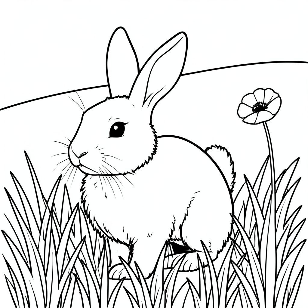 Dưới đây là mô tả về cảnh, tuân thủ tất cả các quy tắc và thông số kỹ thuật: Mô tả: Một con thỏ trắng lông tơ duy nhất đứng trên một cánh đồng cỏ cao. Con thỏ ở giữa, hơi hướng về bên trái. Tai của nó mềm và hơi nghiêng lên trên. Một bông hoa anh túc nhỏ, duy nhất được đặt ở bên phải của con thỏ, hơi mờ ở phía xa. Hậu cảnh là một ngọn đồi đơn giản, hơi có kết cấu. Các đường nét được in đậm và tạo ra một đường viền mạnh mẽ, rõ ràng. Bên trong màu trắng có thể nhìn thấy qua lông thỏ. Toàn bộ hình ảnh là một khung cảnh sạch sẽ, tối giản, chỉ tập trung vào con thỏ., trang tô màu đen trắng, phong cách lowbook, nghệ thuật đường nét, đơn sắc, không màu, không đổ bóng, không xám, không tô màu, nền trắng, đường viền đen đặc, độ tương phản đậm, đường nét sắc nét, chỉ phác thảo, phong cách vector, thiết kế phẳng, 2d, chính xác một đuôi đơn, hoàn toàn không tô màu đen, nội thất trắng tinh khiết,  Không có miếng mực, không văn bản, không từ, không tiêu đề, hoàn toàn không màu, chỉ có lineart đen trắng thuần túy