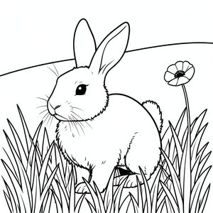 Dưới đây là mô tả về cảnh, tuân thủ tất cả các quy tắc và thông số kỹ thuật: Mô tả: Một con thỏ trắng lông tơ duy nhất đứng trên một cánh đồng cỏ cao. Con thỏ ở giữa, hơi hướng về bên trái. Tai của nó mềm và hơi nghiêng lên trên. Một bông hoa anh túc nhỏ, duy nhất được đặt ở bên phải của con thỏ, hơi mờ ở phía xa. Hậu cảnh là một ngọn đồi đơn giản, hơi có kết cấu. Các đường nét được in đậm và tạo ra một đường viền mạnh mẽ, rõ ràng. Bên trong màu trắng có thể nhìn thấy qua lông thỏ. Toàn bộ hình ảnh là một khung cảnh sạch sẽ, tối giản, chỉ tập trung vào con thỏ., trang tô màu đen trắng, phong cách lowbook, nghệ thuật đường nét, đơn sắc, không màu, không đổ bóng, không xám, không tô màu, nền trắng, đường viền đen đặc, độ tương phản đậm, đường nét sắc nét, chỉ phác thảo, phong cách vector, thiết kế phẳng, 2d, chính xác một đuôi đơn, hoàn toàn không tô màu đen, nội thất trắng tinh khiết,  Không có miếng mực, không văn bản, không từ, không tiêu đề, hoàn toàn không màu, chỉ có lineart đen trắng thuần túy