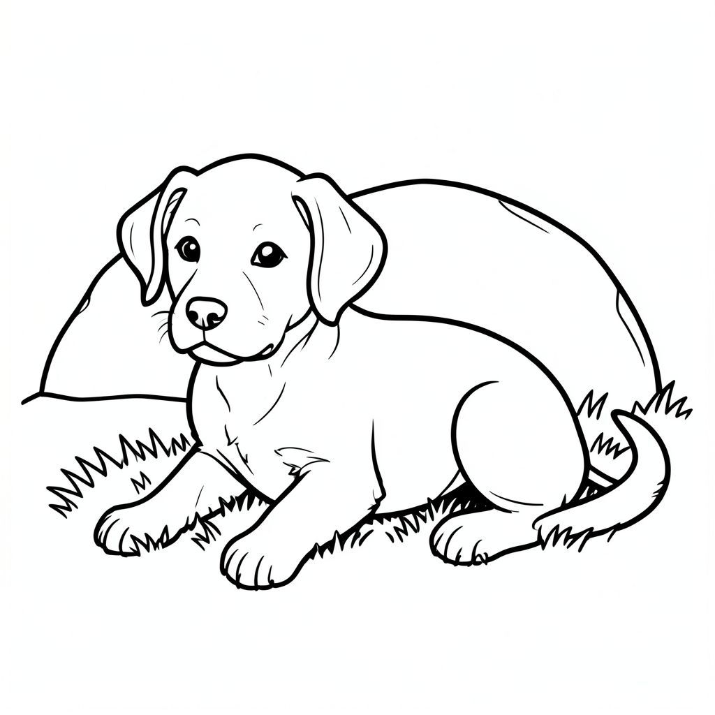 Dưới đây là mô tả về cảnh, tuân thủ tất cả các quy tắc và thông số kỹ thuật: Mô tả cảnh: Một chú chó săn mồi duy nhất đang nép mình trong một mảng cỏ mềm. Nó hơi hướng về bên trái, với bàn chân trước đặt trên cỏ. Đầu của chú chó con hơi nghiêng lên trên, nhìn về phía người xem. Đuôi của nó uốn cong nhẹ nhàng trên lưng. Hậu cảnh là một khối đá đơn giản, hơi mờ - một tảng đá nhỏ, tròn - được đặt ở một bên. Đá là một loại đất im lặng.

con được thể hiện bằng một nghệ thuật đường nét rõ ràng, đậm. Các đường nét hơi dày, tạo ra một đường viền mạnh mẽ, rõ ràng. Các đường viền là kiểu kính màu, với màu sắc bão hòa, tạo độ tương phản mạnh mẽ với nền. Các đường viền được tạo hoa văn tinh tế để bắt chước kết cấu của cỏ. Đá nền là một đơn giản, . Thành phần tổng thể là tối giản và tập trung vào hình dạng đơn giản của chú chó con. Các yếu tố chính: * Chó con Single Retriever * Sự hình thành đá đơn giản * Nghệ thuật đường nét sạch sẽ, đậm, đường viền kính màu * Chỉ nền trắng.  * Thêm đầu, nhiều đuôi, nhiều động vật, màu sắc, bóng.

Hãy cho tôi biết nếu bạn muốn tôi tinh chỉnh điều này thêm!, tranh tô màu đen trắng, phong cách lowbook, nghệ thuật đường nét, đơn sắc, không màu, không đổ bóng, không xám, không tô màu, nền trắng, đường viền đen đặc, độ tương phản đậm, đường nét sắc nét, chỉ phác thảo, phong cách vector, thiết kế phẳng, 2d, chính xác một đuôi duy nhất, hoàn toàn không tô màu đen, nội thất trắng tinh khiết, không có miếng mực,  Không văn bản, không từ, không tiêu đề, hoàn toàn không màu, chỉ có lineart đen trắng thuần túy