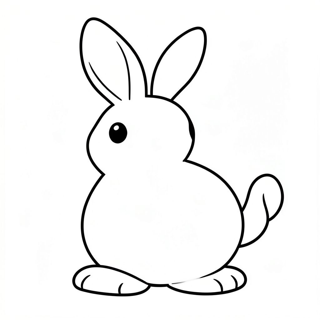 Thỏ hạnh phúc., trang tô màu đen trắng, phong cách lowbook, nghệ thuật đường nét, đơn sắc, không màu, không bóng, không xám, không điền, nền trắng, đường viền đen đặc, độ tương phản đậm, đường nét sắc nét, chỉ phác thảo, phong cách vector, thiết kế phẳng, 2d, chính xác một đuôi duy nhất, hoàn toàn không tô màu đen, nội thất trắng tinh khiết, không có miếng mực, không có văn bản, không từ, không có tiêu đề, hoàn toàn không có màu,  Chỉ Pure Black and White Linarts