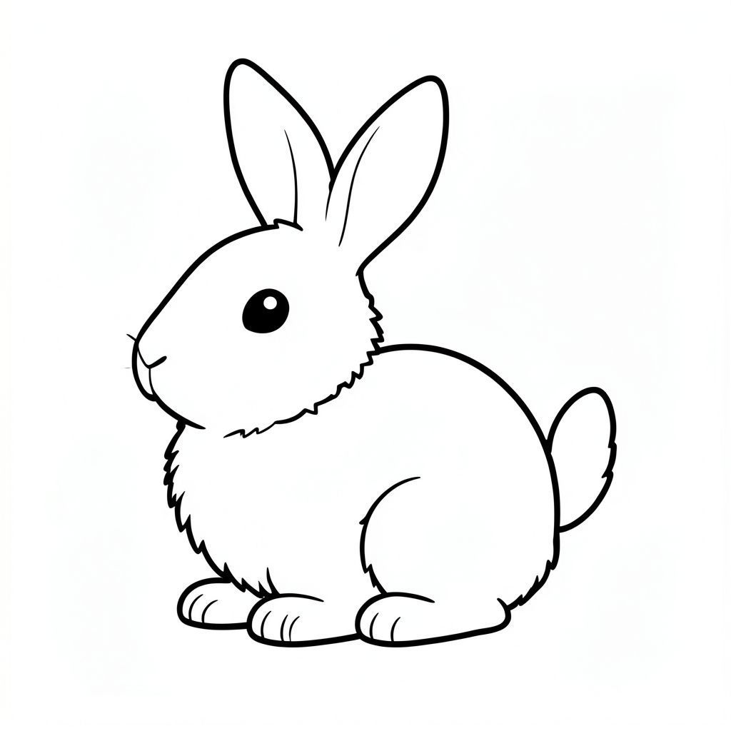 Một chú thỏ nhỏ, mịn., trang tô màu đen trắng, phong cách lowbook, nghệ thuật đường nét, đơn sắc, không màu, không bóng, không xám, không điền, nền trắng, đường viền đen đặc, tương phản đậm, đường nét sắc nét, chỉ phác thảo, phong cách vector, thiết kế phẳng, 2d, chính xác một đuôi duy nhất, hoàn toàn không tô màu đen, nội thất trắng tinh khiết, không có miếng mực, không có văn bản, không có từ, không có tiêu đề,  Hoàn toàn không có màu, chỉ có lineart đen trắng thuần túy