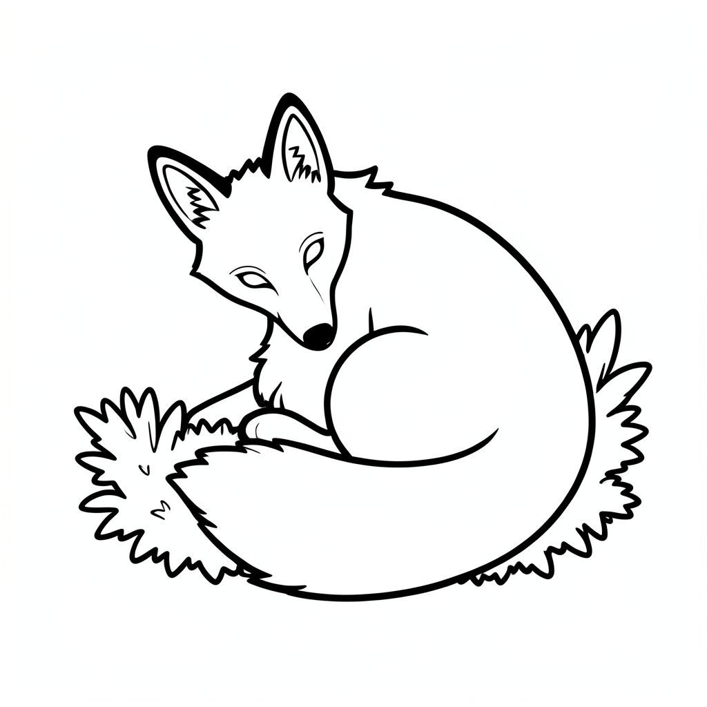 Một con cáo duy nhất, cuộn tròn quanh một mảng rêu., tranh tô màu đen trắng, phong cách lowbook, nghệ thuật đường nét, đơn sắc, không màu, không bóng, không xám, không tô màu, nền trắng, đường viền đen đặc, độ tương phản đậm, đường nét sắc nét, chỉ phác thảo, phong cách vector, thiết kế phẳng, 2d, chính xác một đuôi duy nhất, hoàn toàn không tô màu đen, nội thất trắng tinh khiết, không có miếng mực,  Không văn bản, không từ, không tiêu đề, hoàn toàn không màu, chỉ có lineart đen trắng thuần túy