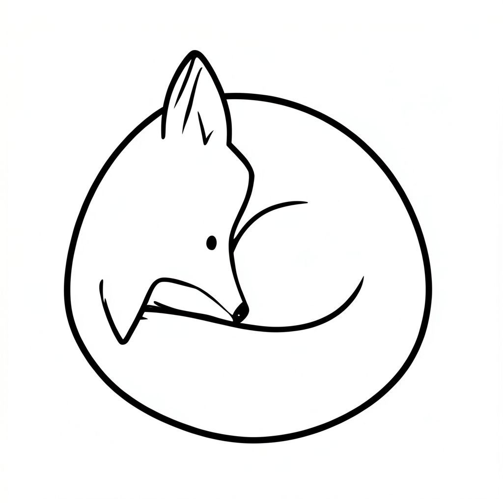 Một con cáo duy nhất, cuộn tròn trong một quả bóng chặt chẽ., trang tô màu đen trắng, phong cách lowbook, nghệ thuật đường nét, đơn sắc, không màu, không bóng, không xám, không điền, nền trắng, đường viền đen đặc, độ tương phản đậm, đường nét sắc nét, chỉ phác thảo, phong cách vector, thiết kế phẳng, 2d, chính xác một đuôi duy nhất, hoàn toàn không tô màu đen, nội thất trắng tinh khiết, không có miếng mực, không có văn bản,  Không từ, không tiêu đề, hoàn toàn không màu, chỉ có lineart đen trắng thuần túy