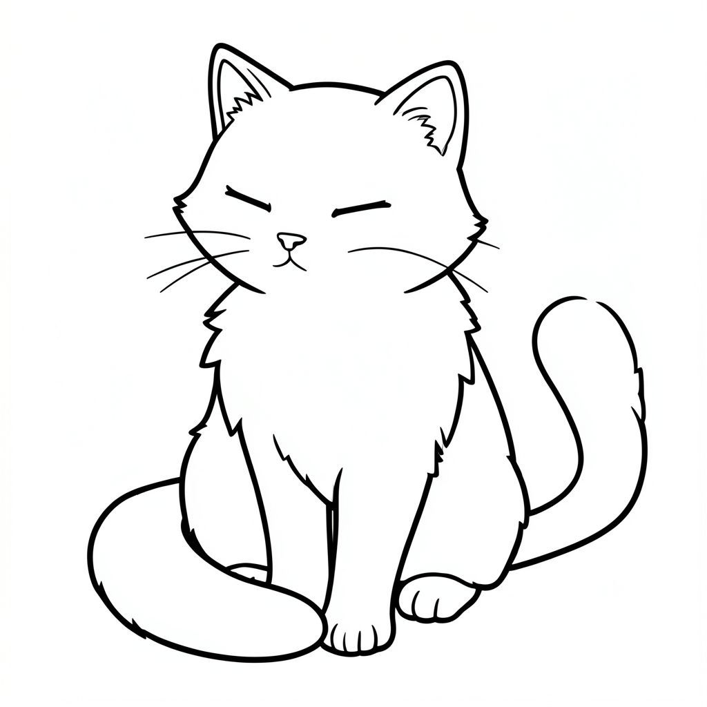 :

Một con mèo trắng lông tơ ngồi chăm chú, đầu hơi nghiêng. Một cái đuôi đơn giản uốn cong duyên dáng phía sau nó. Mắt mèo nhắm nghiền, biểu cảm ôn hòa trên khuôn mặt., tranh tô màu đen trắng, phong cách lowbook, nghệ thuật đường nét, đơn sắc, không màu, không bóng, không xám, không tô màu, nền trắng, đường viền đen đặc, độ tương phản đậm, đường nét sắc nét, chỉ phác thảo, phong cách vector, thiết kế phẳng, 2d, chính xác một đuôi đơn, hoàn toàn không tô màu đen, nội thất trắng tinh khiết, không có miếng mực,  Không văn bản, không từ, không tiêu đề, hoàn toàn không màu, chỉ có lineart đen trắng thuần túy
