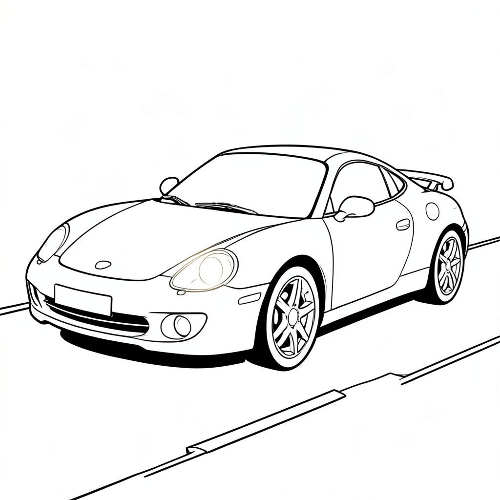 Một chiếc xe thể thao duy nhất nằm trên đường nhựa. Một đèn pha duy nhất, nổi bật tỏa sáng rực rỡ. Đèn hậu của xe hơi mở rộng sang phải. Thân xe mịn màng và phản chiếu ánh sáng mặt trời., tranh tô màu đen trắng, phong cách lowbook, nghệ thuật đường nét, đơn sắc, không màu, không bóng, không xám, không tô màu, nền trắng, đường viền đen đặc, độ tương phản đậm, đường nét sắc nét, chỉ phác thảo, phong cách vector, thiết kế phẳng, 2d, chính xác một đuôi đơn, hoàn toàn không tô màu đen, nội thất trắng tinh khiết, không có miếng mực,  Không văn bản, không từ, không tiêu đề, hoàn toàn không màu, chỉ có lineart đen trắng thuần túy