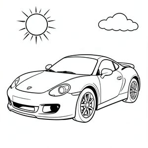 Một chiếc xe thể thao, mạ crôm lấp lánh dưới bầu trời đầy nắng, đứng kiêu hãnh. Một đèn pha cách điệu duy nhất tỏa sáng, phản chiếu . Thân xe có hình dạng mịn, tròn, với một đường cong tinh tế ở phía sau., trang tô màu đen trắng, phong cách lowbook, nghệ thuật đường nét, đơn sắc, không màu, không bóng, không xám, không tô màu, nền trắng, đường viền đen đặc, tương phản đậm, đường nét sắc nét, chỉ phác thảo, phong cách vector, thiết kế phẳng, 2d, chính xác một đuôi đơn, hoàn toàn không tô màu đen,  Nội thất trắng tinh khiết, không có miếng mực, không văn bản, không từ, không tiêu đề, hoàn toàn không màu, chỉ có lineart đen trắng tinh khiết