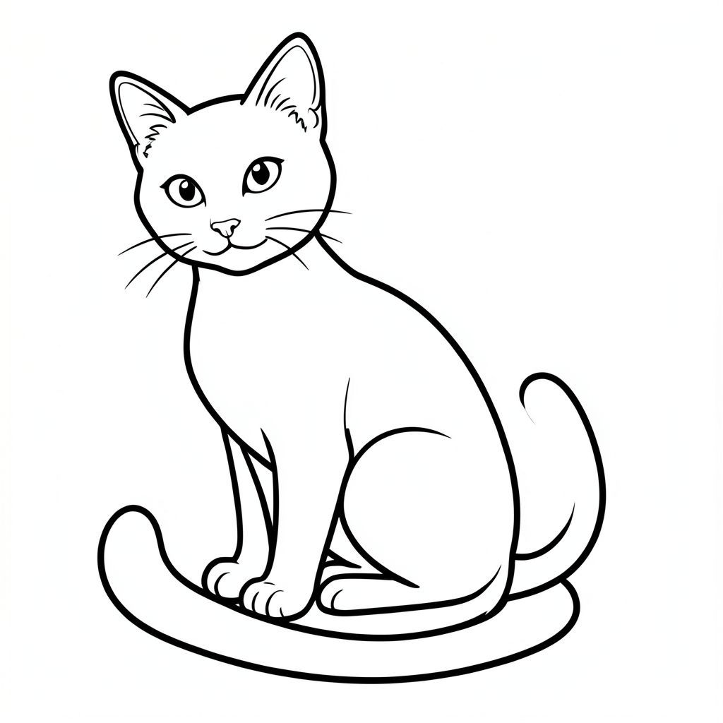 Một con mèo duy nhất, bóng bẩy và , ngồi chăm chú. Đầu của nó hơi nghiêng, nhìn về phía người xem. Một cái đuôi dài, duyên dáng uốn cong duyên dáng phía sau nó. Cơ thể mèo nhỏ gọn và mềm mại, truyền tải cảm giác tĩnh lặng., tranh tô màu đen trắng, phong cách lowbook, nghệ thuật đường nét, đơn sắc, không màu, không bóng, không xám, không tô màu, nền trắng, đường viền đen đặc, độ tương phản đậm, đường nét sắc nét, chỉ phác thảo, phong cách vector, thiết kế phẳng, 2d, chính xác một đuôi đơn, hoàn toàn không tô màu đen, nội thất trắng tinh khiết,  Không có miếng mực, không văn bản, không từ, không tiêu đề, hoàn toàn không màu, chỉ có lineart đen trắng thuần túy