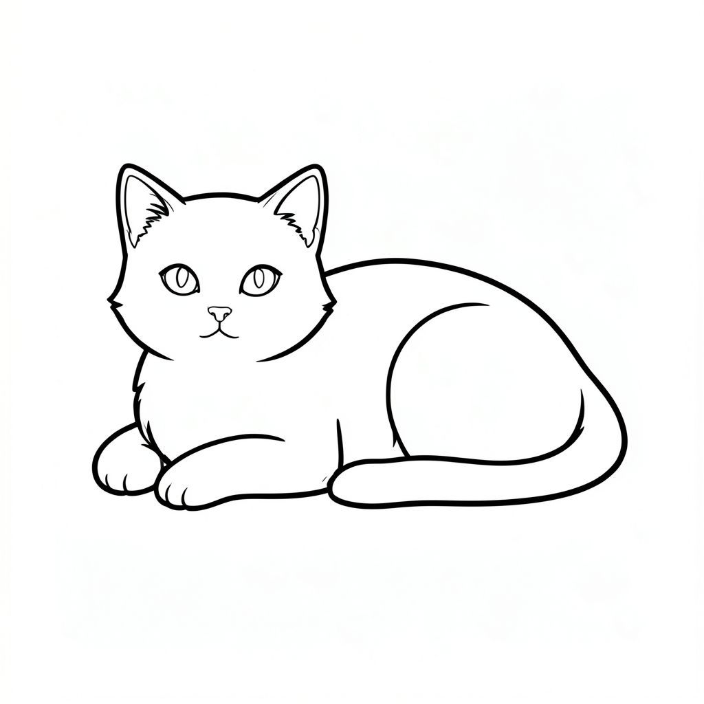 Một con mèo, đầu và đuôi của nó được căn chỉnh hoàn hảo, nằm trên một nền trắng đơn giản. Bộ lông của mèo mềm mại, có màu sắc và mắt của nó hơi tập trung về phía trước. Nền là một không gian trắng tối thiểu, không bị gián đoạn., trang tô màu đen trắng, phong cách lowbook, nghệ thuật đường nét, đơn sắc, không màu, không bóng, không xám, không tô màu, nền trắng, đường viền đen đặc, tương phản đậm, đường nét sắc nét, chỉ phác thảo, phong cách vector, thiết kế phẳng, 2d, chính xác một đuôi đơn, hoàn toàn không tô màu đen, nội thất trắng tinh khiết, không có miếng mực, không có văn bản,  Không từ, không tiêu đề, hoàn toàn không màu, chỉ có lineart đen trắng thuần túy