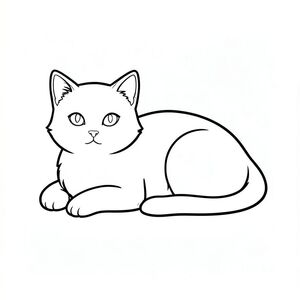 Một con mèo, đầu và đuôi của nó được căn chỉnh hoàn hảo, nằm trên một nền trắng đơn giản. Bộ lông của mèo mềm mại, có màu sắc và mắt của nó hơi tập trung về phía trước. Nền là một không gian trắng tối thiểu, không bị gián đoạn., trang tô màu đen trắng, phong cách lowbook, nghệ thuật đường nét, đơn sắc, không màu, không bóng, không xám, không tô màu, nền trắng, đường viền đen đặc, tương phản đậm, đường nét sắc nét, chỉ phác thảo, phong cách vector, thiết kế phẳng, 2d, chính xác một đuôi đơn, hoàn toàn không tô màu đen, nội thất trắng tinh khiết, không có miếng mực, không có văn bản,  Không từ, không tiêu đề, hoàn toàn không màu, chỉ có lineart đen trắng thuần túy
