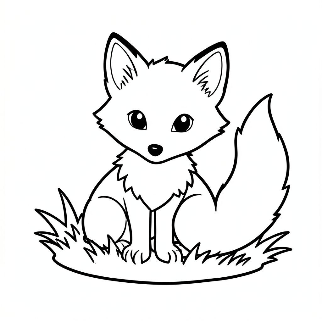 Một con cáo nhỏ, lông tơ ngồi nép mình giữa một mảng cỏ. Đuôi của nó uốn cong nhẹ nhàng và mắt của nó tập trung về phía trước., trang tô màu đen trắng, phong cách lowbook, nghệ thuật đường nét, đơn sắc, không màu, không bóng, không xám, không tô màu, nền trắng, đường viền đen đặc, độ tương phản đậm, đường nét sắc nét, chỉ phác thảo, phong cách vector, thiết kế phẳng, 2d, chính xác một đuôi đơn, hoàn toàn không tô màu đen, nội thất trắng tinh khiết, không có miếng mực,  Không văn bản, không từ, không tiêu đề, hoàn toàn không màu, chỉ có lineart đen trắng thuần túy