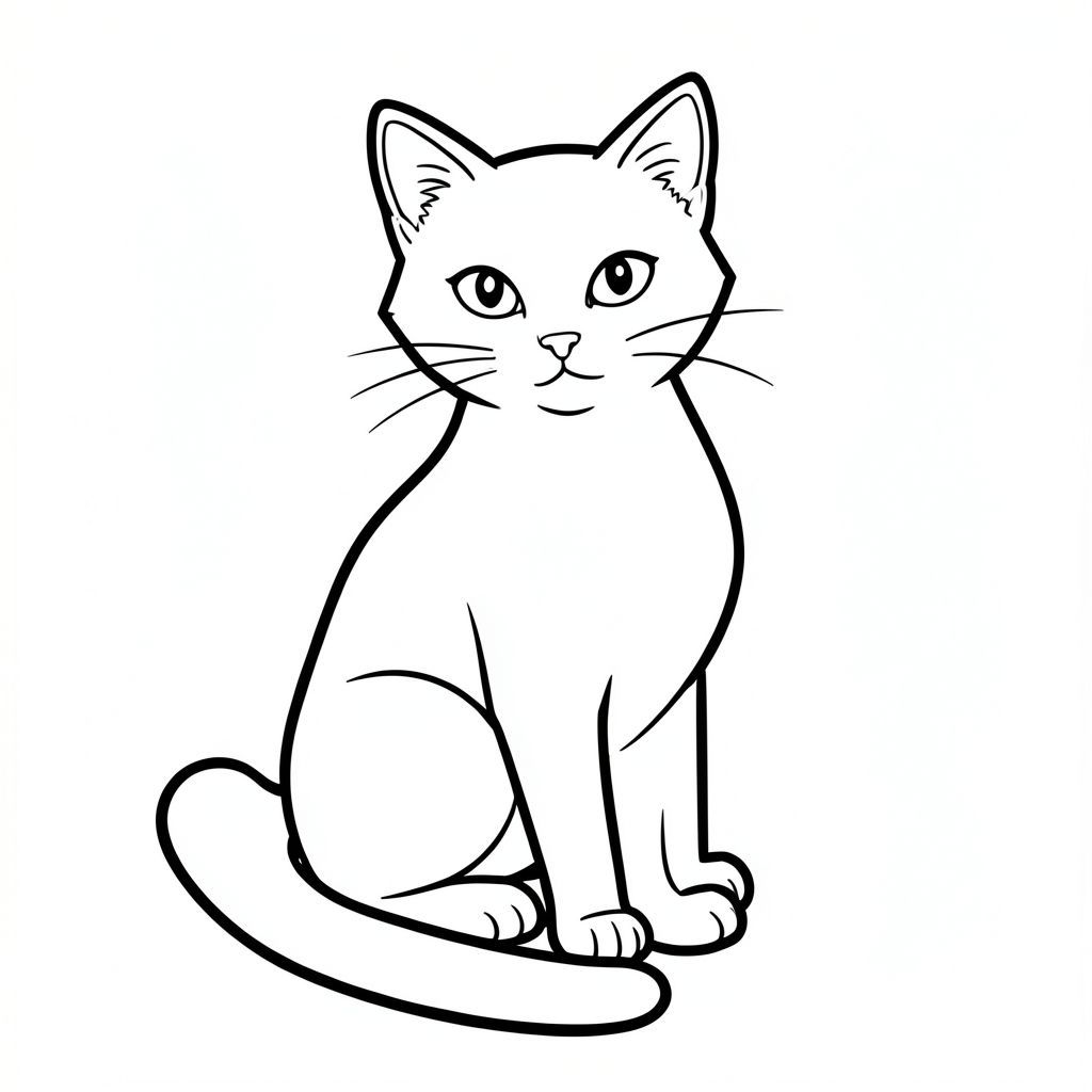 Một con mèo đơn độc, một con mèo bóng bẩy, ngồi ở giữa. Một cái đuôi đơn giản kéo dài duyên dáng từ lưng dưới của nó. Đầu của nó hơi nghiêng, quan sát người xem bằng đôi mắt bình tĩnh, thông minh., trang tô màu đen trắng, phong cách lowbook, nghệ thuật đường nét, đơn sắc, không màu, không bóng, không xám, không tô màu, nền trắng, đường viền đen đặc, độ tương phản đậm, đường nét sắc nét, chỉ phác thảo, phong cách vector, thiết kế phẳng, 2d, chính xác một đuôi đơn, hoàn toàn không tô màu đen, nội thất trắng tinh khiết,  Không có miếng mực, không văn bản, không từ, không tiêu đề, hoàn toàn không màu, chỉ có lineart đen trắng thuần túy