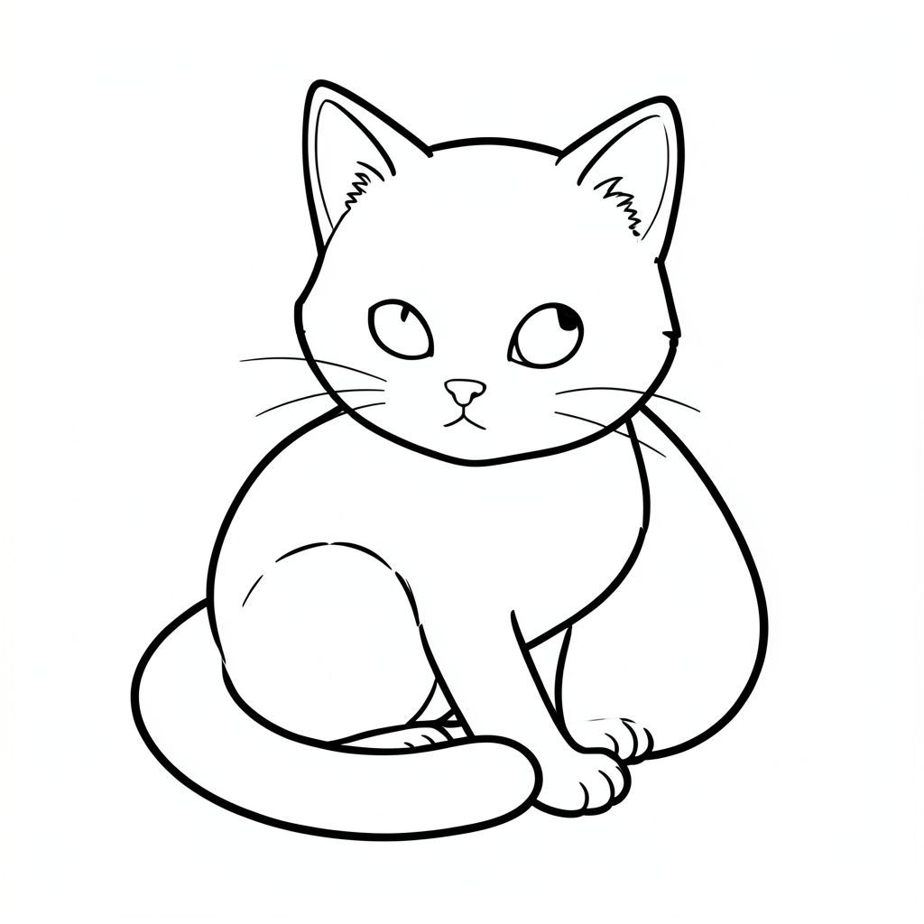 Một con mèo ngồi chăm chú, đuôi cuộn tròn quanh bàn chân. Một cái đầu đơn giản, hơi nghiêng tựa vào bàn chân của nó, nhìn chằm chằm về phía người xem. Một bàn chân nhỏ, tinh tế nằm trên mặt đất., tranh tô màu đen trắng, phong cách lowbook, nghệ thuật đường nét, đơn sắc, không màu, không bóng, không xám, không tô màu, nền trắng, đường viền đen đặc, độ tương phản đậm, đường nét sắc nét, chỉ phác thảo, phong cách vector, thiết kế phẳng, 2d, chính xác một đuôi duy nhất, hoàn toàn không tô màu đen, nội thất trắng tinh khiết, không có miếng mực, không có văn bản,  Không từ, không tiêu đề, hoàn toàn không màu, chỉ có lineart đen trắng thuần túy
