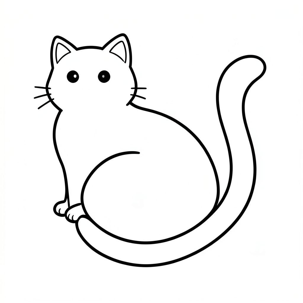 Một con mèo., trang tô màu đen trắng, phong cách lowbook, nghệ thuật đường nét, đơn sắc, không màu, không bóng, không xám, không điền, nền trắng, đường viền đen đặc, độ tương phản đậm, đường nét sắc nét, chỉ phác thảo, phong cách vector, thiết kế phẳng, 2d, chính xác một đuôi duy nhất, hoàn toàn không tô màu đen, nội thất trắng tinh khiết, không có miếng mực, không có văn bản, không từ, không có tiêu đề, hoàn toàn không có màu,  Chỉ Pure Black and White Linarts