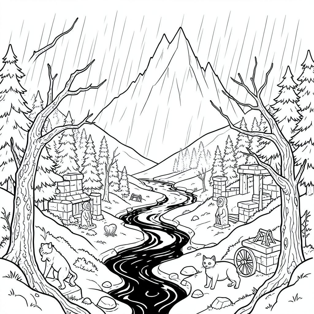 Mưa, một bức màn nhớt, đổ xuống thung lũng Aethelgard, một cảnh quan được điêu khắc bởi hàng thiên niên kỷ xói mòn băng giá và hơi thở dai dẳng, u sầu của gió. Nó không rơi thành từng tấm, mà trong những nhịp đập chậm rãi, có chủ ý, mỗi giọt một tấm gương thu nhỏ phản chiếu những vết bầm tím và màu đất son của bầu trời u ám vĩnh viễn. Đáy thung lũng là một vùng rộng lớn, nhấp nhô của đá phiến sét và đá bazan, được xếp lớp trong một bức tranh khảm bừa bãi của , , và , rêu phong của những cây thông cổ thụ bám vào sườn dốc một cách tuyệt vọng. Những cây xương, xoắn, cành cây gồ ghề và vươn tới như những cánh tay cầu xin, thống trị khung cảnh, vỏ của chúng là một tấm thảm lốm đốm và địa y. Một con sông hẹp, chậm chạp, Nước mắt rắn, uốn lượn qua trung tâm, nước của nó có màu của hắc thạch được đánh bóng, phản chiếu sự méo mó với ánh sáng lỏng đáng lo ngại.

Bên dưới sự lan tỏa, vùng đất mọc lên dần, lên đến đỉnh điểm là một đỉnh hắc thạch, lởm chởm được gọi là Sống lưng rắn, hình bóng của nó vĩnh viễn bị bao phủ trong sương mù. Đỉnh núi này, cao đến mức không tưởng, dường như xuyên thủng trung tâm của cơn bão, một người lính gác im lặng bảo vệ bí mật của thung lũng. Rải rác khắp cảnh quan là tàn tích của một nền văn minh bị lãng quên - nền đá đổ nát, những bức tượng bị chôn vùi một nửa của những hình tượng mèo kỳ cục và phần còn lại của những gì dường như là bánh xe ngựa, bị đóng băng trong khoảnh khắc du lịch bị lãng quên. Một làn sương mù dày đặc, không tự nhiên, có mùi đá ướt và thứ gì đó mờ nhạt, bám vào các sườn núi thấp hơn, che khuất các chi tiết của địa hình.

Con mèo duy nhất, một sinh vật có vẻ đẹp khắc nghiệt, đáng lo ngại, chiếm trung tâm của một khoảng trống nhỏ, có mái che. Đó là một nghiên cứu đơn sắc, một hình bóng hoàn hảo, kiên định trên nền trầm lặng. Thân máy nhỏ gọn, được xây dựng mạnh mẽ và mảnh mai đáng kể, cho thấy tuổi đời vượt xa kích thước biểu kiến của nó. Tư thế là một tư thế tĩnh lặng sâu sắc, một tư thế có chủ ý, gần như thiền định. Đầu của nó là một kiệt tác hình tam giác, một cái nêm hoàn hảo, kiên định của màu trắng tinh khiết nhất. Đôi mắt là tiêu điểm - hai vũng obsidian không lay chuyển, không có bất kỳ con ngươi hoặc mống mắt nào có thể nhận biết được. Họ sở hữu một trí thông minh đáng sợ, một sự hiểu biết thầm lặng, cổ xưa dường như hấp thụ chính cơn bão.  Không có lông, không có râu, không có sự mềm mại tinh tế của khuôn mặt. Chỉ là màu trắng hoàn hảo, không tì vết của một chiếc xe trượt tuyết.  Đuôi dài và thuôn nhọn, biến mất trong sương mù xoáy, đầu của nó uốn cong một cách tinh tế như thể thừa nhận cơn mưa không ngừng.  Nó không di chuyển, không co giật. Nó đơn giản là . 

Hình dạng của con mèo hoàn hảo, đơn giản đến khó tin. Nó không có bất kỳ cơ bắp nào có thể nhận biết được, không có đường cong tinh tế của cột sống, không có dấu hiệu chuyển động. Đó là một chiếc bình, một lăng kính hoàn hảo của màu trắng tinh khiết, thuần khiết. Kết cấu của bề mặt, nếu có thể được gọi như vậy, không đồng đều một cách tinh tế, một gợi ý về chất lượng thô, gần như tinh thể, giống như xương được đánh bóng.  Có một vết lõm nhẹ, gần như không thể nhận thấy, ở gốc đầu, một dấu hiệu tinh tế gợi ý một quá khứ, có lẽ là một cuộc đấu tranh, hoặc một khoảnh khắc tĩnh lặng sâu sắc. Ấn tượng tổng thể là một trong những sức mạnh yên tĩnh, chứa đựng, một điểm duyên dáng duy nhất, kiên định trong một khung cảnh hoang tàn tràn ngập. Một người quan sát duy nhất, im lặng., trang tô màu đen trắng, phong cách lowbook, nghệ thuật đường nét, đơn sắc, không màu, không bóng, không xám, không tô màu, nền trắng, đường viền đen đặc, độ tương phản đậm, đường nét sắc nét, chỉ phác thảo, phong cách vector, thiết kế phẳng, 2d, chính xác một đuôi duy nhất, hoàn toàn không tô màu đen, nội thất trắng tinh khiết, không có miếng mực, không có văn bản, không có từ, không có tiêu đề,  Hoàn toàn không có màu, chỉ có lineart đen trắng thuần túy