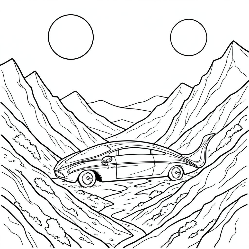 Đồng bằng hắc thạch trơn bóng của Xylos trải dài đến một đường chân trời mờ mịt, bầm tím, một ánh hoàng hôn vĩnh viễn được chiếu sáng bởi ánh sáng bệnh hoạn của mặt trăng sinh đôi. Bên dưới, cảnh quan là một minh chứng tàn bạo cho sự biến động địa chất - lởm chởm, - móng vuốt trên bầu trời, tàn tích của một dãy núi đã chết từ lâu mà bây giờ giống như một bàn tay bị gãy, xương. Một tiếng rung trầm, liên tục tràn ngập trong không khí, một rung động cận âm dường như cộng hưởng trong xương của vùng đất. Bản thân đất là một , gỉ sét , bám chặt vào các sườn dốc, bị ngắt quãng bởi các mảng rêu lân quang xung với một bên trong, đáng lo ngại .

Trước mặt bạn, nép mình trong một thung lũng hẹp, hoang vắng được chạm khắc bởi những trận lũ lụt cổ đại, là một chiếc xe duy nhất, thanh lịch không tưởng. Đó là một khung gầm dài, thấp, được làm bằng một, gần như, được đánh bóng thành ánh sáng như gương mặc dù độ ẩm lan tỏa. Cơ thể là một đường cong duy nhất, không bị phá vỡ, một hình bóng hoàn hảo, hợp lý, bất chấp sự khắc nghiệt của môi trường xung quanh. Nó không phải là một chiếc xe có sức mạnh vũ phu; thay vào đó, nó sở hữu một sự duyên dáng yên tĩnh, đáng lo ngại, như thể được điêu khắc từ chính tảng đá của Xylos. Đầu duy nhất là một kỳ quan được điêu khắc - một mặt phẳng mịn, giống như hắc thạch cong xuống dưới, đỉnh điểm là một điểm giống như một con mắt nhắm cách điệu. Đuôi, cũng đơn lẻ không kém, là một đoạn thon gọn, thuôn dài, gần giống như cột sống của một con rắn, kéo dài xuống dưới với một sự chậm rãi có chủ ý, gần như thôi miên. Nó kết thúc bằng một điểm sắc nhọn, bóng bẩy, bắt và phản chiếu nó trong một mô hình đầy mê hoặc, đứt gãy.

Bề mặt của xe nhẵn hoàn hảo, không có bất kỳ vết mòn hoặc dấu hiệu nào có thể nhìn thấy được. Như thể nó đang kiên nhẫn chờ đợi, một người lính gác đơn độc giữa sự mục nát. Khung xe là một đường liền mạch, không bị đứt gãy đánh bóng, phản chiếu cơn mưa trong hàng ngàn hình ảnh nhỏ xíu, méo mó. Một ánh sáng lung linh mờ nhạt, gần như không thể nhận thấy, chạy dọc theo bề mặt của nó, giống như sức nóng bốc lên từ một con đường sa mạc. Ấn tượng tổng thể là một sinh vật có tuổi đời rộng lớn và sự cô đơn sâu sắc, một minh chứng cho một thiết kế ưu tiên hình thức hơn chức năng. Có một cảm giác quan sát tinh tế, đáng lo ngại, như thể chiếc xe đang im lặng theo dõi bạn, chờ đợi điều gì đó - hoặc có lẽ, không có gì. Màu sắc chủ yếu là a, mờ, được tạo điểm nhấn bởi ánh sáng của mặt trăng đôi., trang tô màu đen trắng, phong cách lowbook, nghệ thuật đường nét, đơn sắc, không màu, không bóng, không xám, không tô màu, nền trắng, đường viền đen đặc, độ tương phản đậm, đường nét sắc nét, chỉ phác thảo, phong cách vector, thiết kế phẳng, 2d, chính xác một đuôi đơn, hoàn toàn không tô màu đen, nội thất trắng tinh khiết,  Không có miếng mực, không văn bản, không từ, không tiêu đề, hoàn toàn không màu, chỉ có lineart đen trắng thuần túy