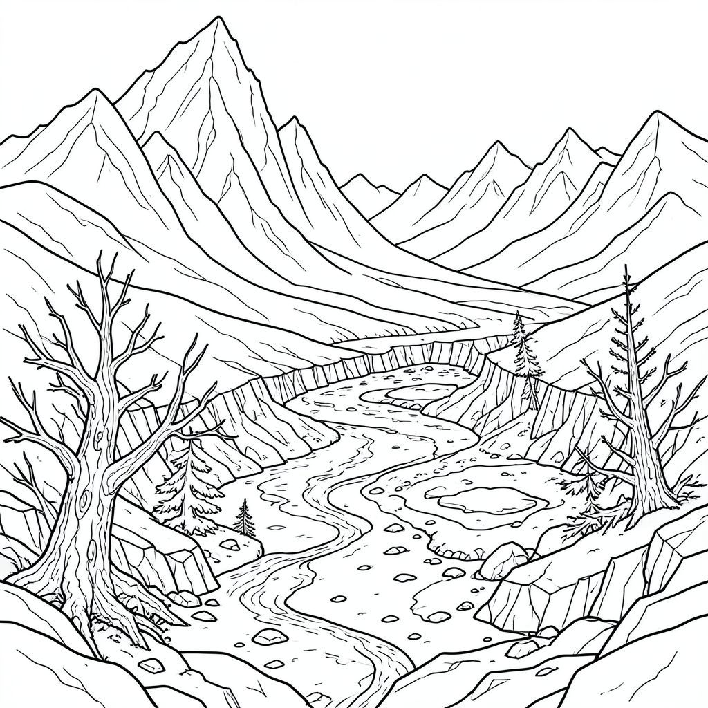 Gió thì thầm qua một đồng bằng obsidian rộng lớn, một hoàng hôn vĩnh viễn bám vào những đỉnh núi lởm chởm, phủ đầy tuyết mọc lên ở những vùng cao xa xôi, không thể tưởng tượng được. Đó là một cảnh quan được điêu khắc bởi các sông băng cổ đại, địa hình là một tấm thảm tàn bạo, nhiều lớp của , và đất giàu sắt bị im lặng, bầm tím. Bản thân không khí có cảm giác loãng, mang theo mùi sương giá và một cái gì đó tinh tế, giống như trái đất mới biến thành sau một mùa đông dài, im lặng.

Bên dưới, đồng bằng trải dài đến một đường chân trời dường như tan chảy thành một vòng xoáy mờ mịt. Mặt đất là một bức tranh khảm của đá nứt và tuyết nén, tàn tích của các tảng băng khổng lồ từng thống trị khu vực này.  những vết nứt, hầu như không thể nhận ra bên dưới bề mặt, uốn lượn trên cảnh quan, gợi ý về các lực lượng địa chất khổng lồ đã hình thành vùng đất hoang vắng này. Rải rác trên đồng bằng là những bộ xương còn lại của những cây khổng lồ, đã chết từ lâu - những người khổng lồ hóa đá có cành vươn về phía bầu trời bị che khuất vĩnh viễn như những ngón tay buộc tội. Hình dạng của chúng bị bóp méo do xói mòn, bề mặt của chúng bị sẹo bởi các hoa văn phức tạp của sương giá và địa y.

Ở phía đông, một con sông chậm chạp, bị băng bóp nghẹt và vĩnh viễn được bao phủ bởi một lớp sương giá mịn, uốn lượn qua đồng bằng. Đó là một dòng sông thủy ngân lỏng, phản chiếu những người yếu đuối, với ánh sáng đáng lo ngại. Các bờ được lót bằng các cột bazan, lởm chởm, tàn tích của hoạt động núi lửa cổ đại, bề mặt của chúng được đánh bóng nhẵn bởi hàng thiên niên kỷ gió và nước. Những hồ băng, nhỏ bị mắc kẹt trong đá bazan, phản chiếu những gì bị tắt tiếng trong thu nhỏ, tạo ra ảo giác về dòng nước đóng băng vô tận.

Xa hơn về phía tây, đồng bằng dần dần đi xuống một lưu vực, một vùng trũng nông chứa đầy một băng tuyết xoáy, bùn. Băng tuyết này, bao gồm đá nghiền nát và các mảnh vụn băng hà, tạo ra một bề mặt hỗn loạn, không bằng phẳng, bị ngắt quãng bởi các rãnh và các hồ nhỏ, đóng băng. Bản thân bùn là một bệnh hoạn, , nhuộm màu cặn bã của các khoáng chất cổ xưa. Một cây thông còi cọc duy nhất bám vào mép lưu vực, cành của nó giòn và trơ trụi, một ngọn hải đăng đơn độc chống lại cảnh quan đơn sắc. Nó nằm trên một mỏm đá nhỏ, mang lại sự tương phản hoàn toàn với sự ảm đạm xung quanh.

Ấn tượng tổng thể là một trong những vẻ đẹp bao la, không khoan nhượng, một nơi mà sự sống bám vào sự tồn tại trong một cõi cực lạnh và phân hủy địa chất. Có một cảm giác cô lập sâu sắc, một cảm giác rằng cảnh quan này đã chứng kiến vô số thế kỷ im lặng và trì trệ. Các chi tiết tỉ mỉ nhấn mạnh sự khắc nghiệt của môi trường, tạo ra một hình ảnh đại diện cho một thế giới không bị ảnh hưởng bởi sự ấm áp hoặc màu sắc. Bố cục được thiết kế để gợi lên cảm giác u sầu và yên tĩnh., tranh tô màu đen trắng, phong cách lowbook, nghệ thuật đường nét, đơn sắc, không màu, không bóng, không xám, không tô màu, nền trắng, đường viền đen đặc, độ tương phản đậm, đường nét sắc nét, chỉ phác thảo, phong cách vector, thiết kế phẳng, 2d, chính xác một đuôi đơn, hoàn toàn không tô màu đen, nội thất trắng tinh khiết,  Không có miếng mực, không văn bản, không từ, không tiêu đề, hoàn toàn không màu, chỉ có lineart đen trắng thuần túy