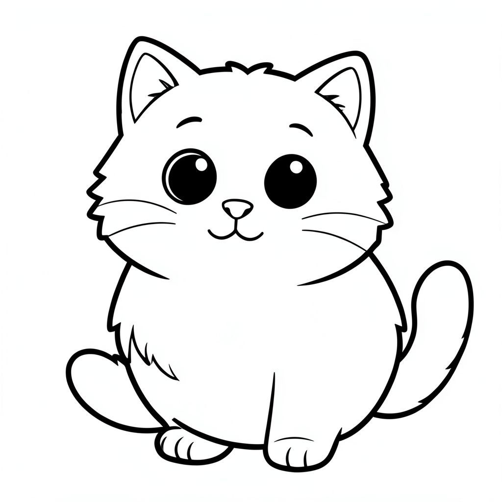 Mèo:

Một con mèo lông tơ, mũm mĩm với đôi mắt to tròn. Những đường nét dày, hạnh phúc phác thảo cơ thể của nó. Đổ bóng đơn giản, vui vẻ tạo đường cong nhẹ nhàng., tô màu, nghệ thuật đường nét, nền trắng