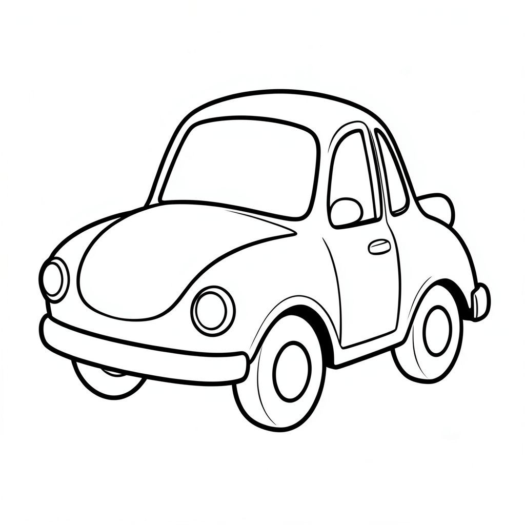 một chiếc xe đơn, dễ thương, mũm mĩm: Màu sắc Mô tả: Một chiếc xe nhỏ, tròn với khuôn mặt thân thiện, hơi ngửa lên. Các đường dày, đậm xác định các đường cong của nó. Thân xe ấm áp, đầy nắng. Đầu là một hình dạng đơn giản, tròn. Đuôi là một đường cong nhẹ nhàng, cũng . Chiếc xe được căn giữa và đơn giản., tô màu, nghệ thuật đường nét, nền trắng