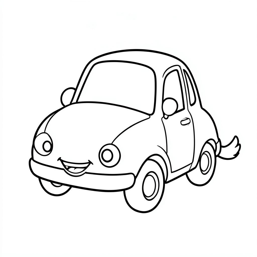 : Màu sắc Mô tả: Một chiếc xe nhỏ, tròn với nụ cười rạng rỡ, thân thiện. Nó hơi mũm mĩm, với các cạnh mềm, tròn. Những đường nét dày, hạnh phúc phác thảo thân xe. Đầu xe nhỏ và vui vẻ, đuôi dài và vẫy vẫy. Đó là một chiếc xe đơn giản, đáng yêu - chỉ có chính chiếc xe!, tô màu, nghệ thuật đường nét, nền trắng