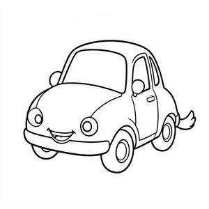 : Màu sắc Mô tả: Một chiếc xe nhỏ, tròn với nụ cười rạng rỡ, thân thiện. Nó hơi mũm mĩm, với các cạnh mềm, tròn. Những đường nét dày, hạnh phúc phác thảo thân xe. Đầu xe nhỏ và vui vẻ, đuôi dài và vẫy vẫy. Đó là một chiếc xe đơn giản, đáng yêu - chỉ có chính chiếc xe!, tô màu, nghệ thuật đường nét, nền trắng