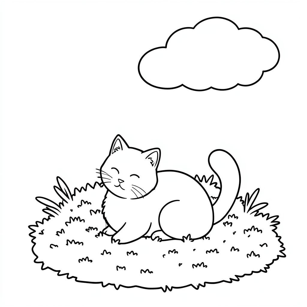 Ánh sáng mặt trời sưởi ấm một mảng rêu. Một con mèo trắng duy nhất ngồi nép mình giữa . Một đám mây nhỏ, nhẹ nhàng trôi dạt phía trên. Đuôi mèo hơi cong., tô màu, nghệ thuật đường nét, nền trắng